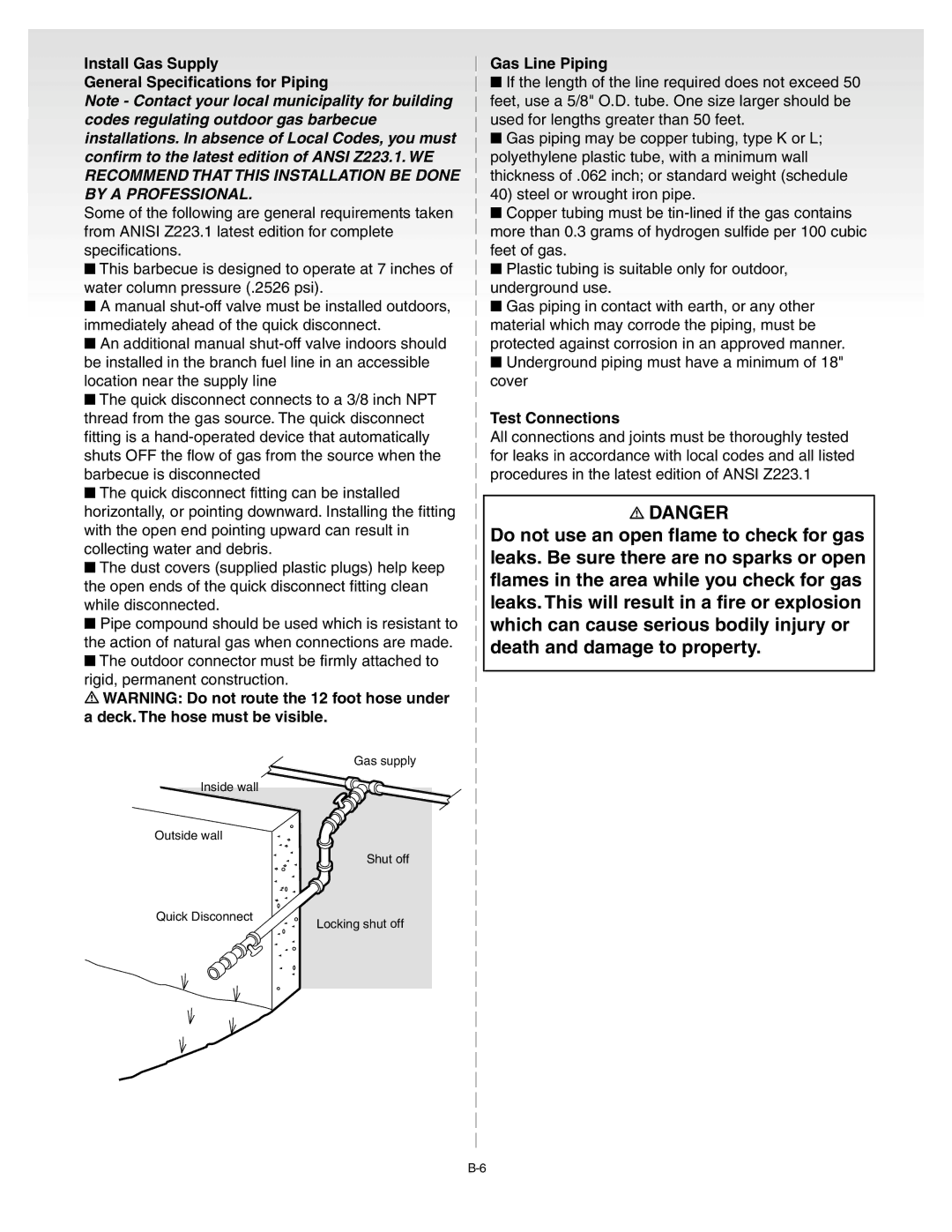 Weber C052.C, B067.E, A101.c manual Install Gas Supply General Specifications for Piping, Gas Line Piping, Test Connections 