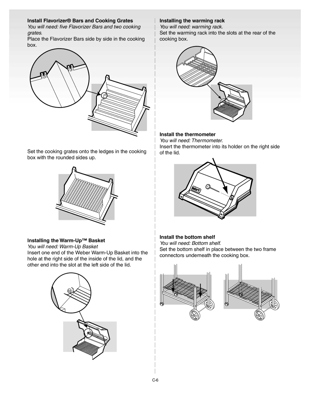 Weber C052.C Installing the Warm-Up Basket, Installing the warming rack, Install the thermometer, Install the bottom shelf 