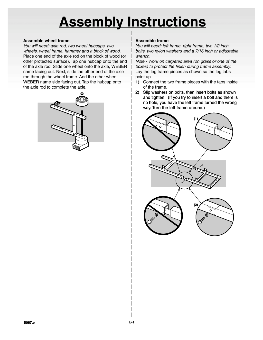 Weber A101.c, B067.E, C052.C manual Assembly Instructions, Assemble wheel frame, Assemble frame 