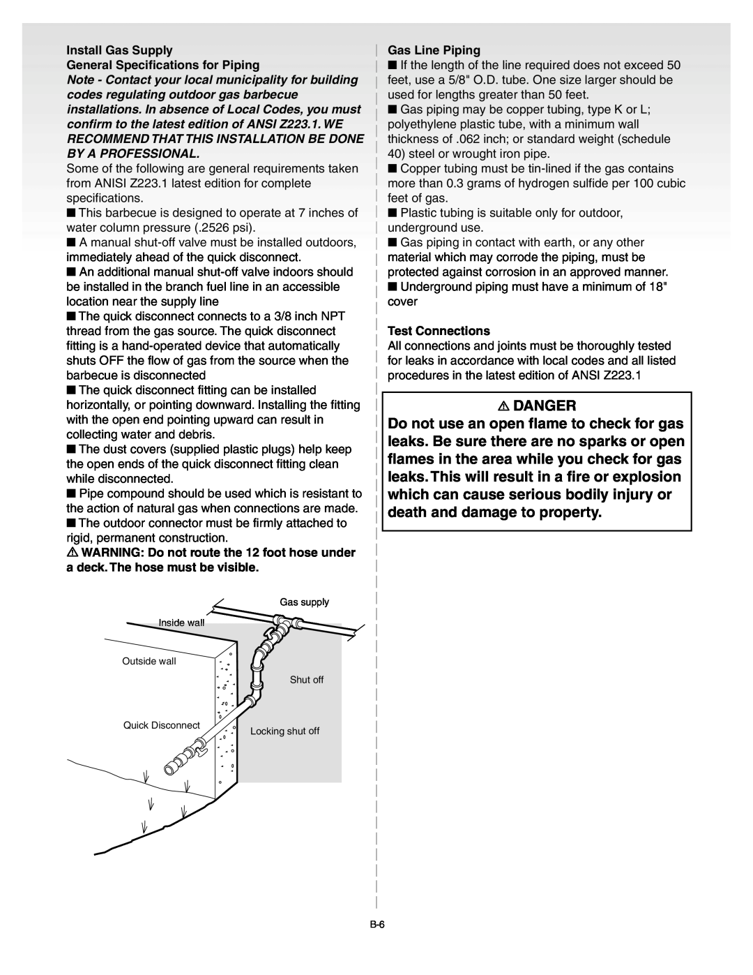 Weber C052.C, B067.E manual Danger, Install Gas Supply General Specifications for Piping, Gas Line Piping, Test Connections 