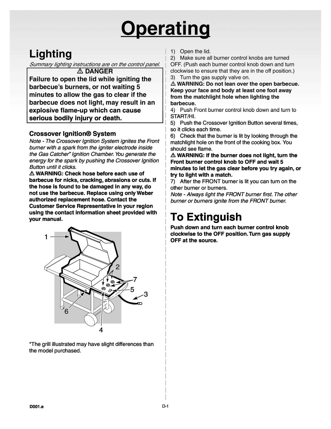 Weber A101.c, B067.E, C052.C manual Lighting, To Extinguish, Crossover Ignition System, Operating, Danger 
