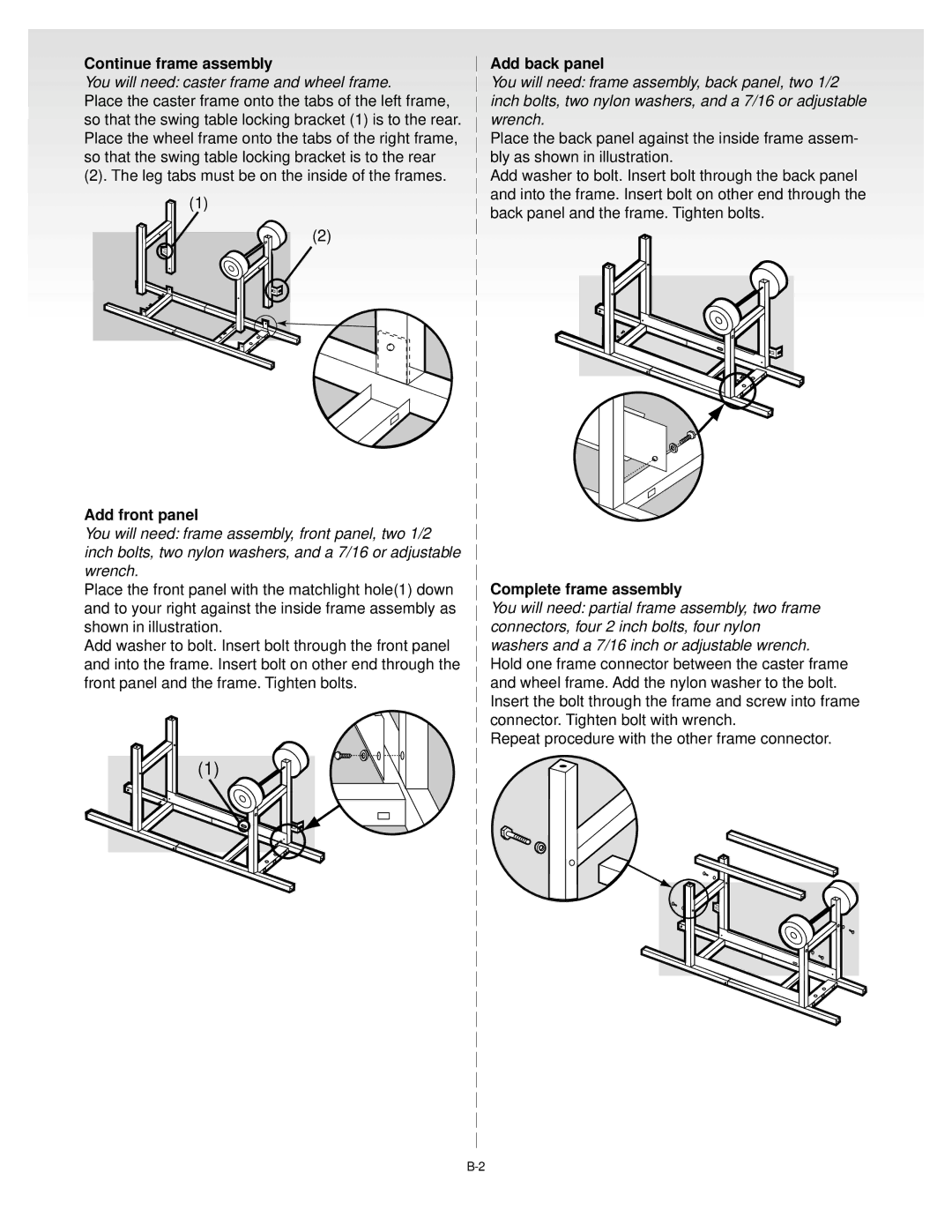 Weber B069.A, C075.A, D082.A, A103.A manual Continue frame assembly, Add front panel, Add back panel, Complete frame assembly 