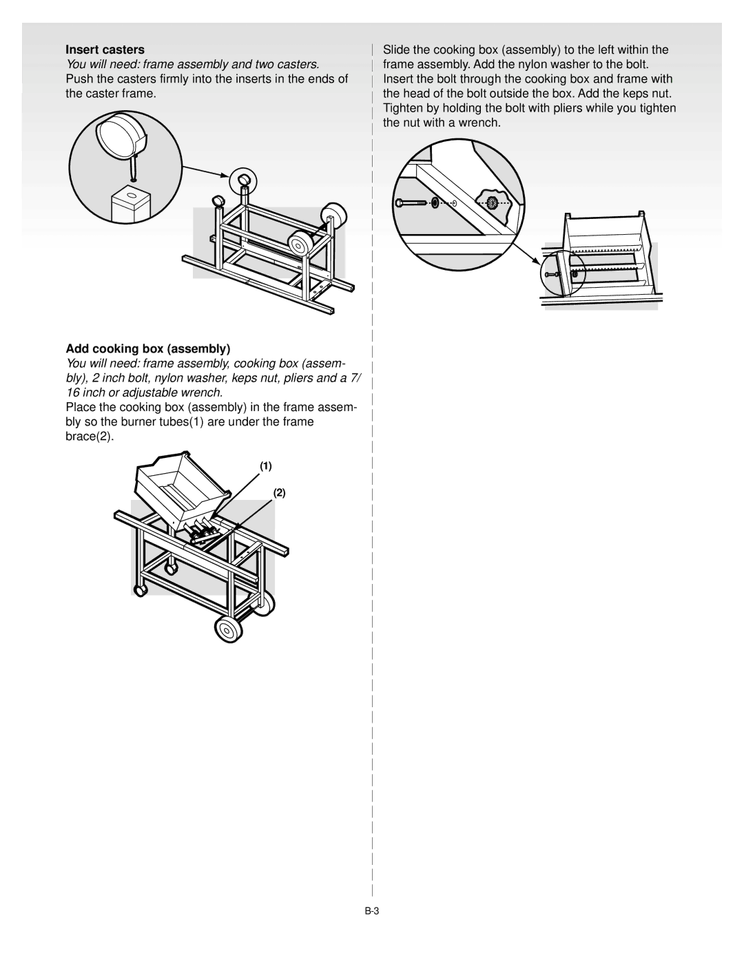 Weber C075.A, B069.A, D082.A, A103.A manual Insert casters, Add cooking box assembly 