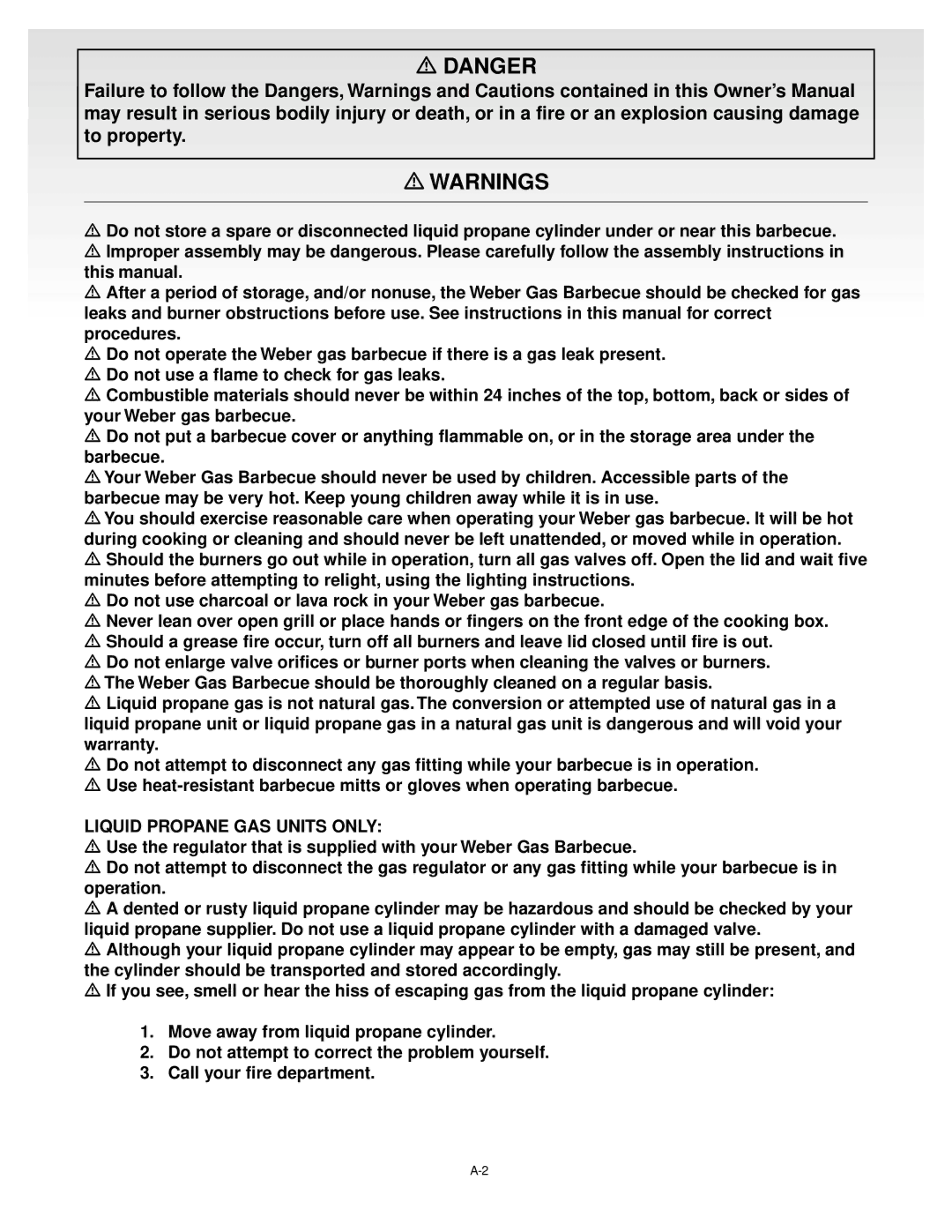 Weber D082.A, B069.A, C075.A, A103.A manual Liquid Propane GAS Units only 