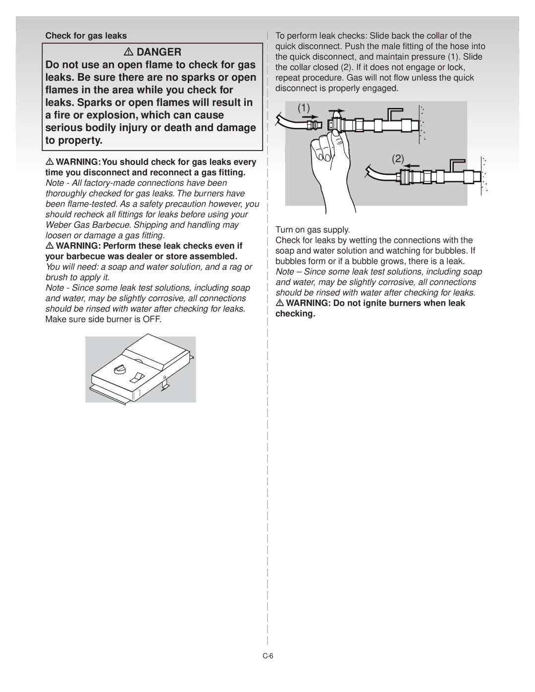 Weber B069.A, C075.A, D082.A, A103.A manual Check for gas leaks, Time you disconnect and reconnect a gas fitting, Checking 