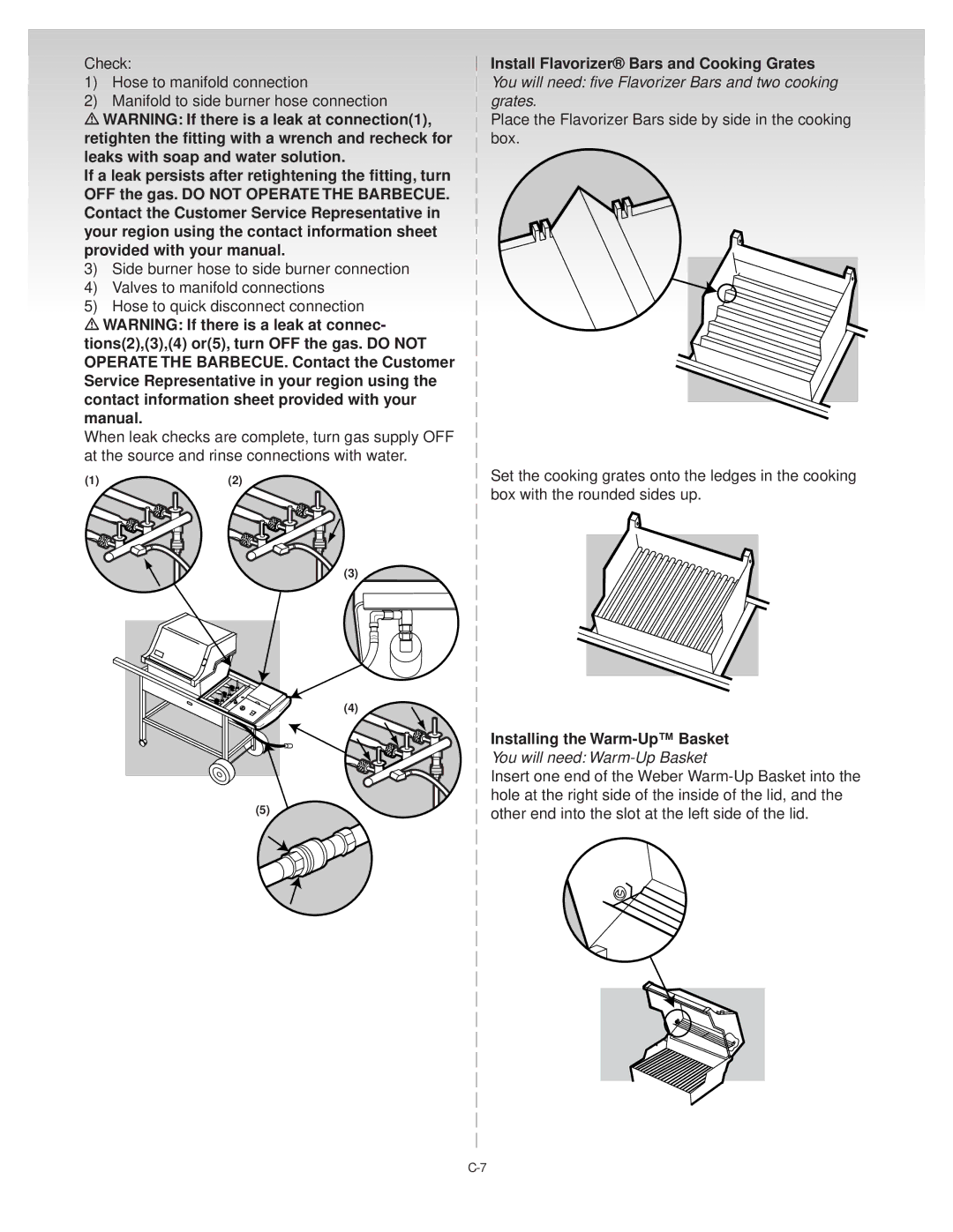 Weber C075.A, B069.A manual Install Flavorizer Bars and Cooking Grates, Retighten the fitting with a wrench and recheck for 