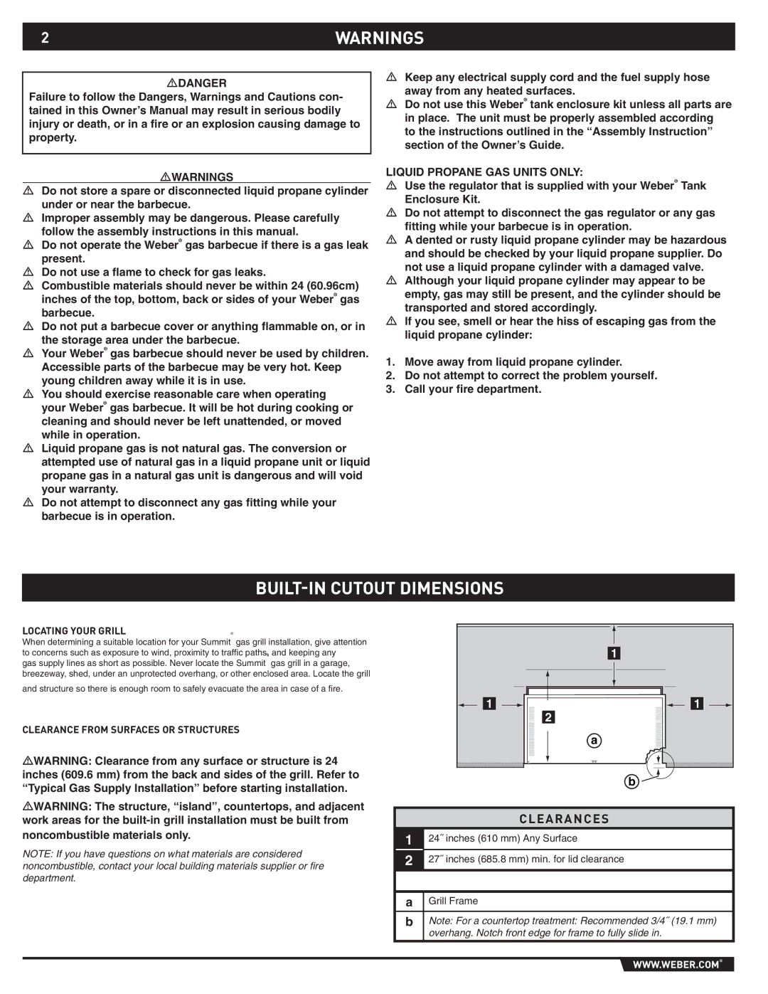 Weber S-440, S-640 manual 2WARNINGS, BUILT-IN Cutout Dimensions, Locating Your Grill, Clearance from Surfaces or Structures 