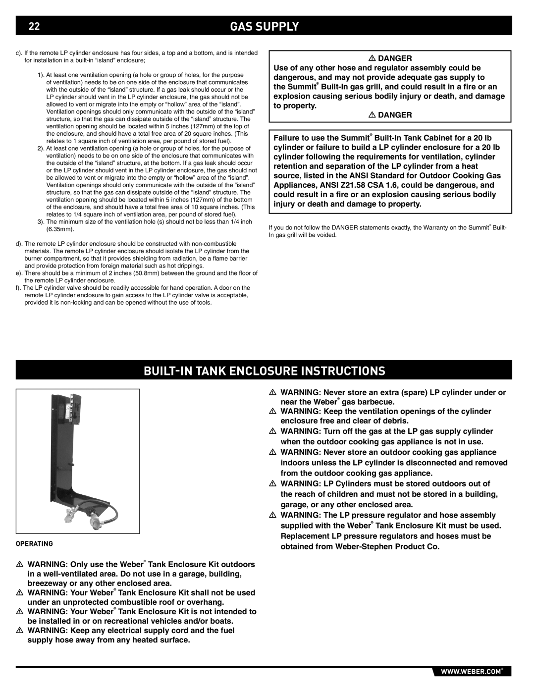 Weber S-640, Built-In LP Gas Grill, S-440 manual BUILT-IN Tank Enclosure Instructions, Operating 