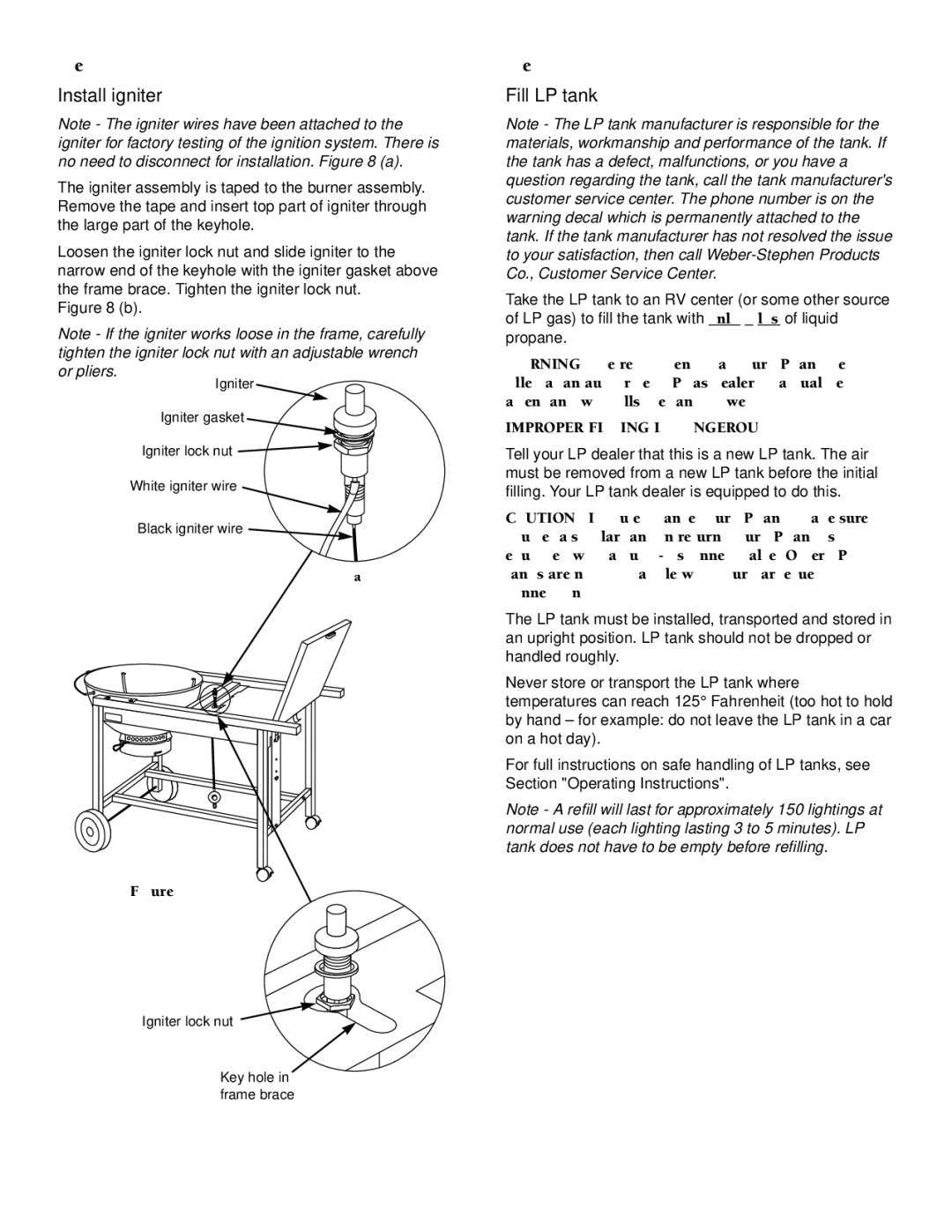 Weber Burner owner manual Install igniter, Fill LP tank, Improper Filling is Dangerous 