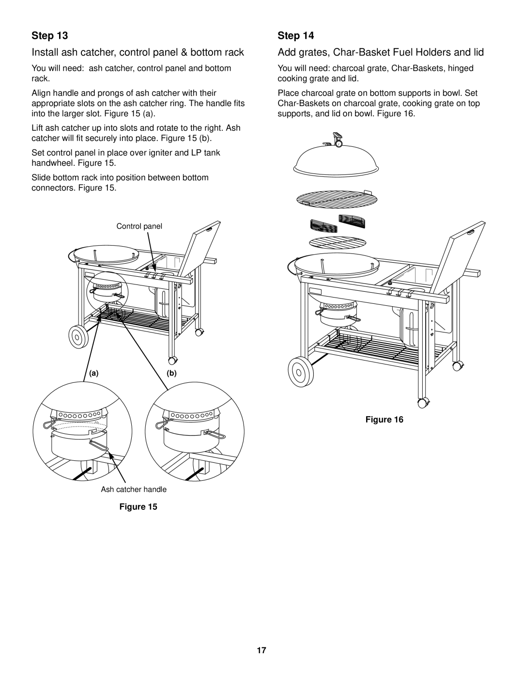 Weber Burner owner manual Install ash catcher, control panel & bottom rack, Add grates, Char-Basket Fuel Holders and lid 