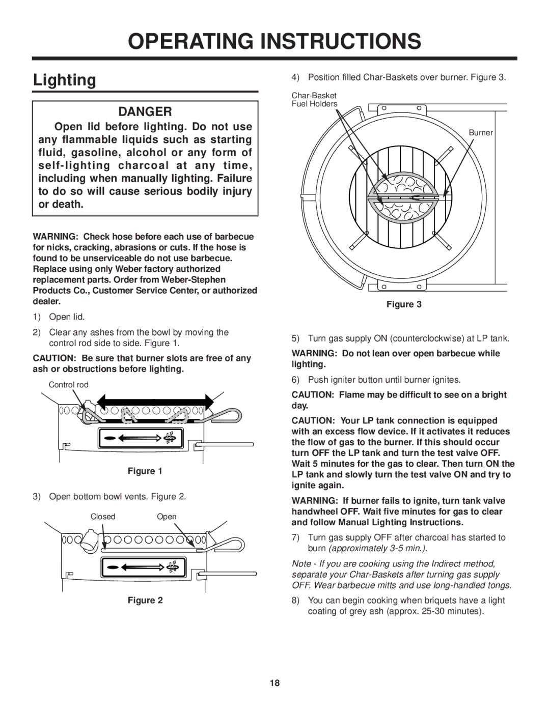 Weber Burner owner manual Operating Instructions, Lighting 