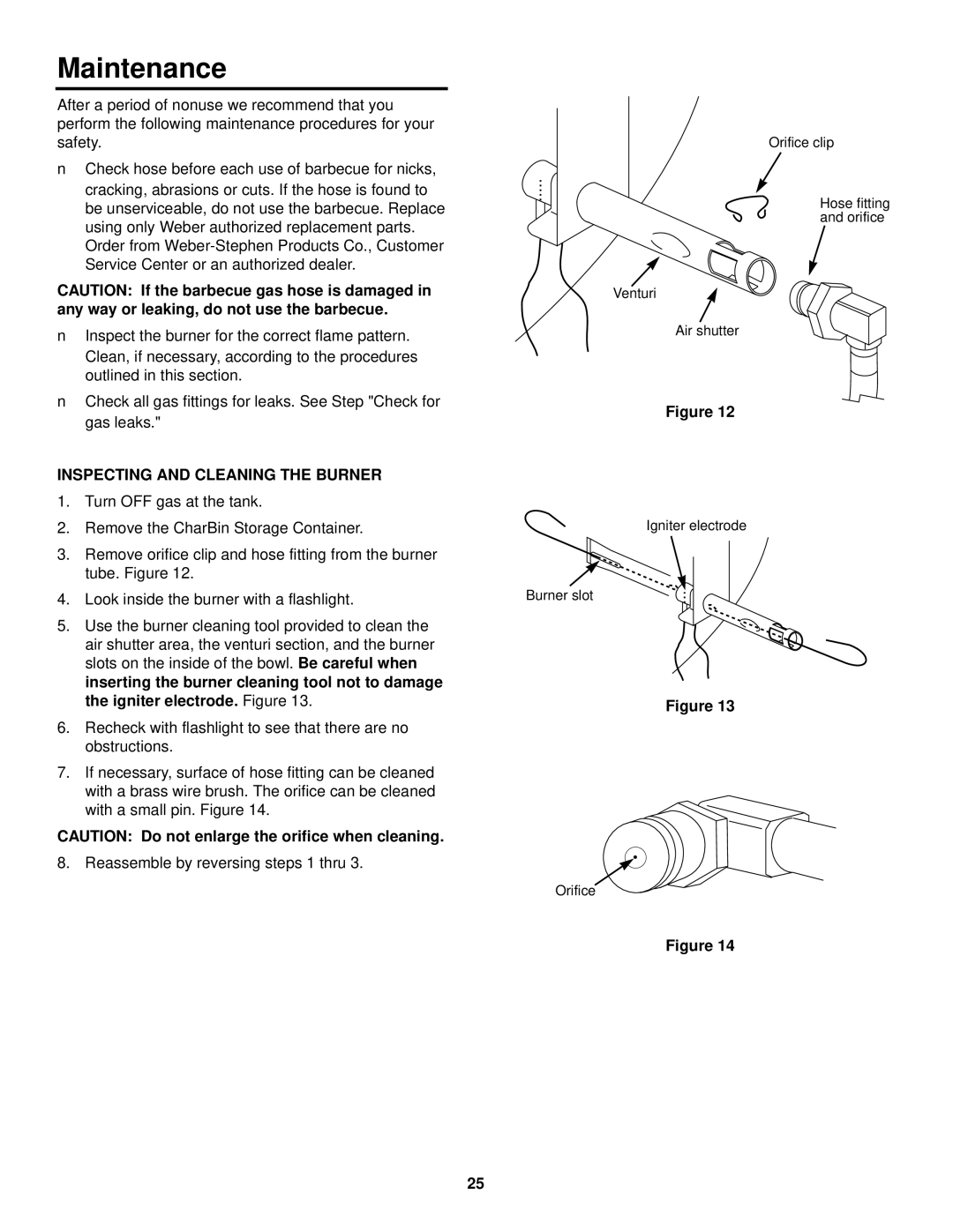 Weber owner manual Maintenance, Inspecting and Cleaning the Burner 