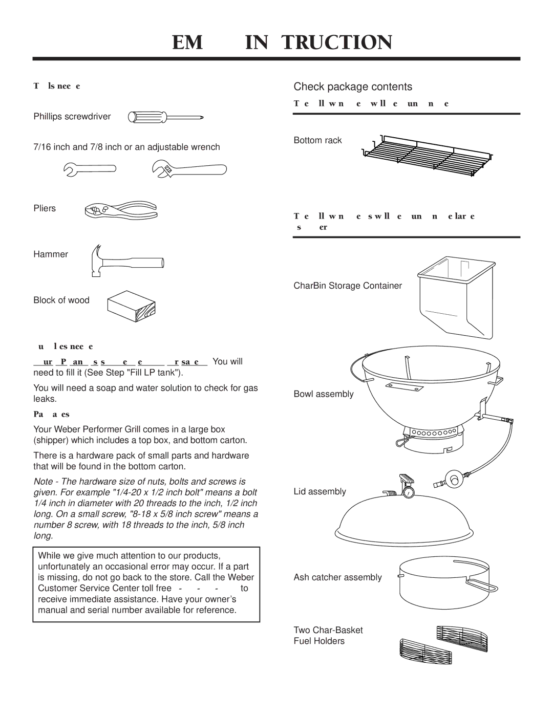 Weber Burner owner manual Assembly Instructions, Check package contents 