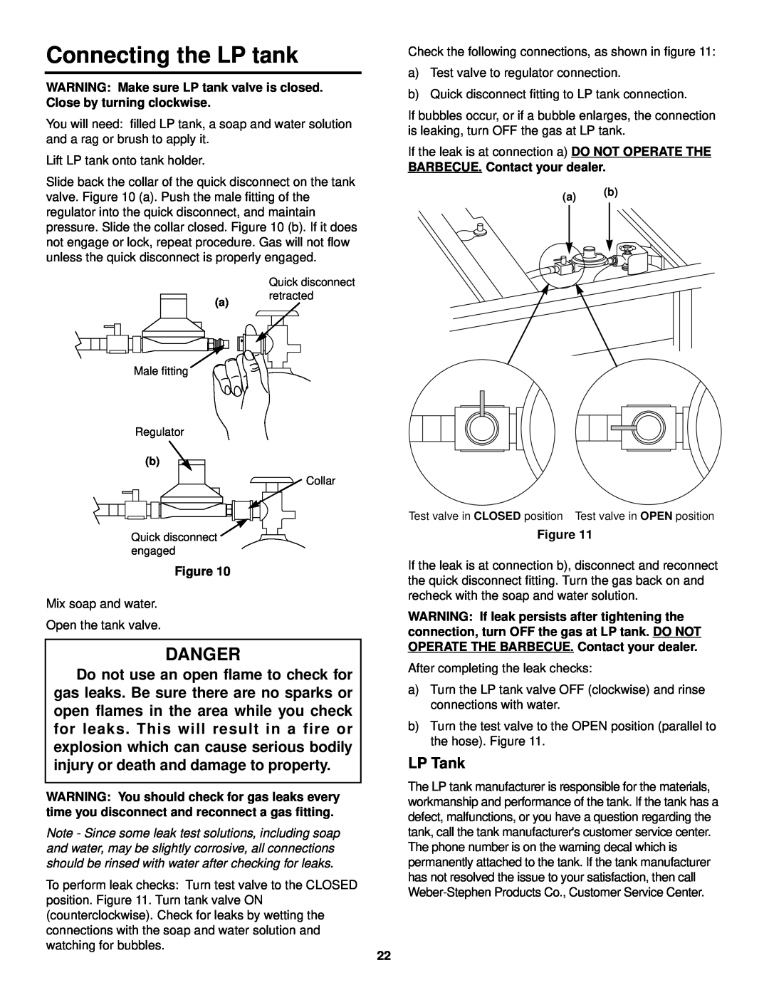 Weber Burner owner manual Connecting the LP tank, Danger, LP Tank, BARBECUE.Contact your dealer 