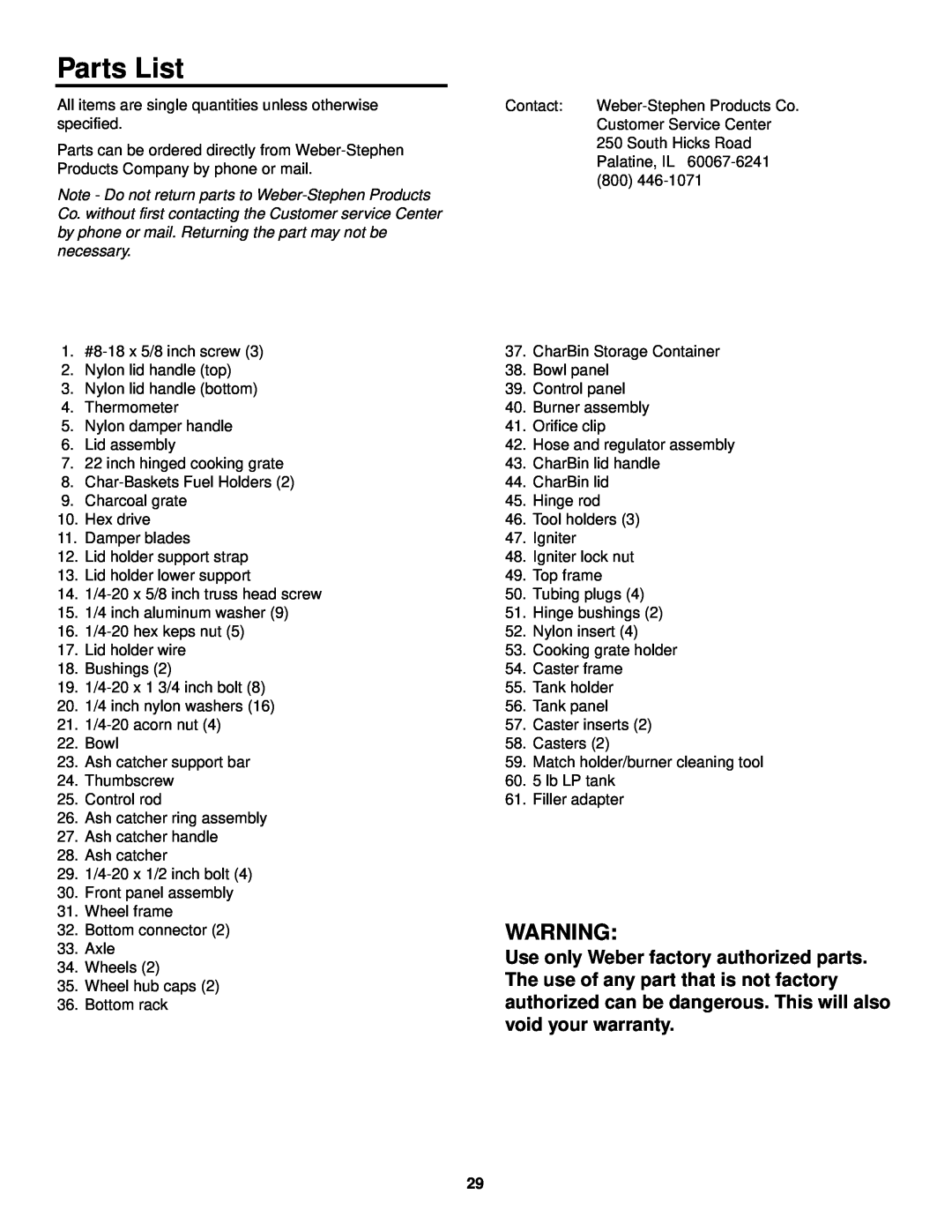 Weber Burner owner manual Parts List 