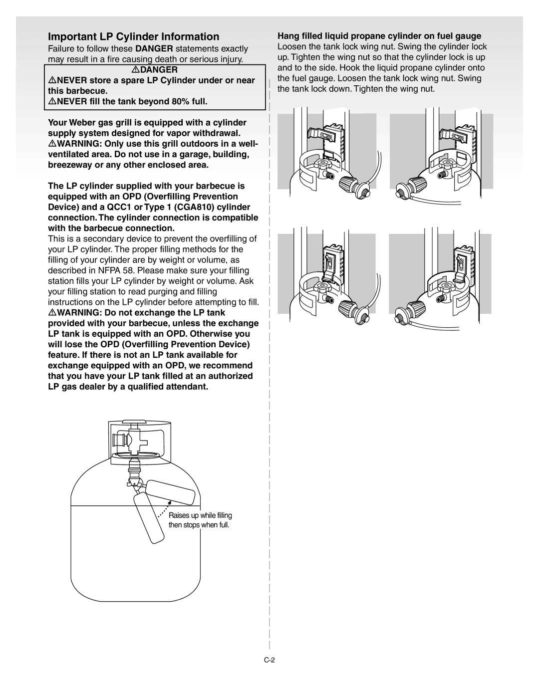 Weber D002.G, C016.C, B018.A, A127.C Important LP Cylinder Information, Hang filled liquid propane cylinder on fuel gauge 