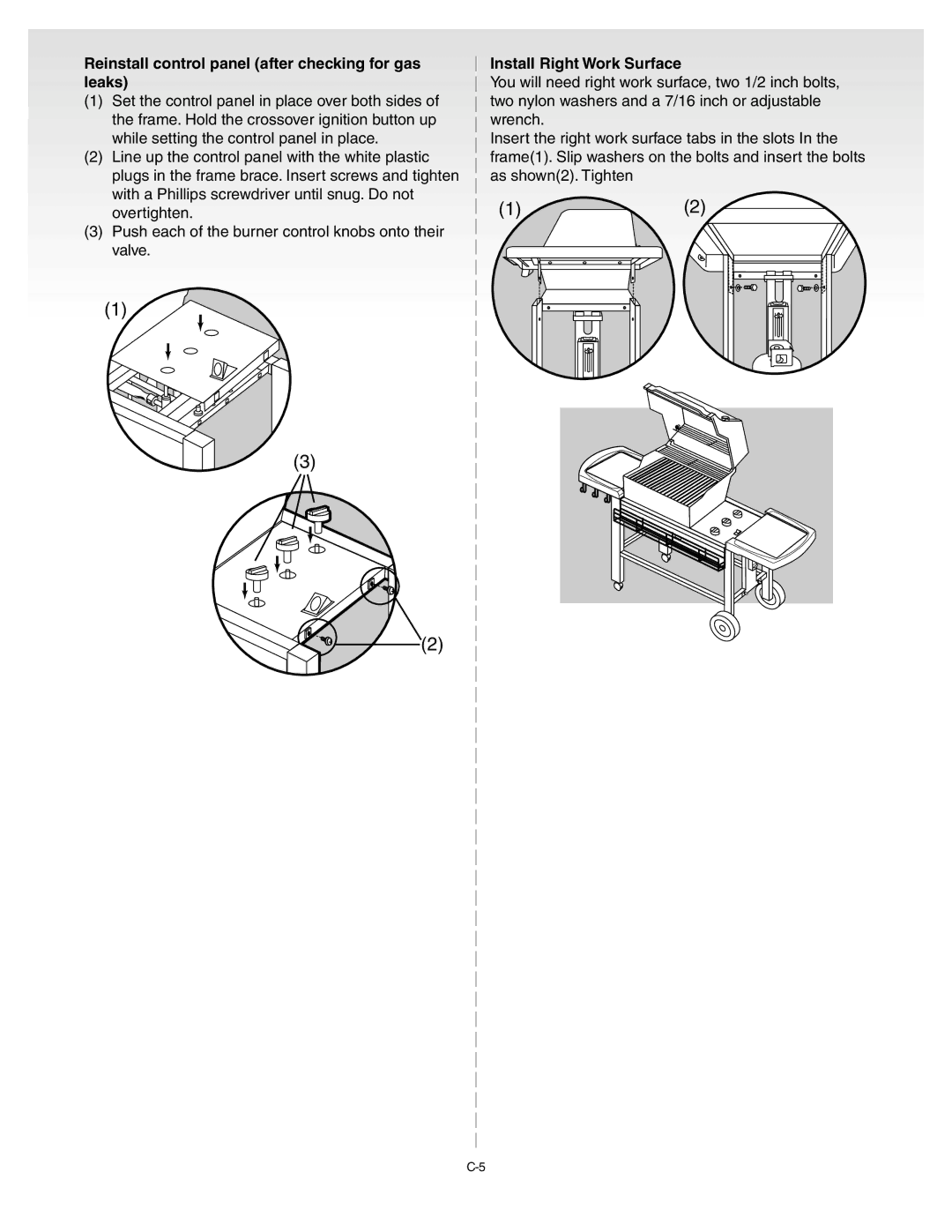 Weber B018.A, C016.C, D002.G, A127.C manual Reinstall control panel after checking for gas leaks, Install Right Work Surface 