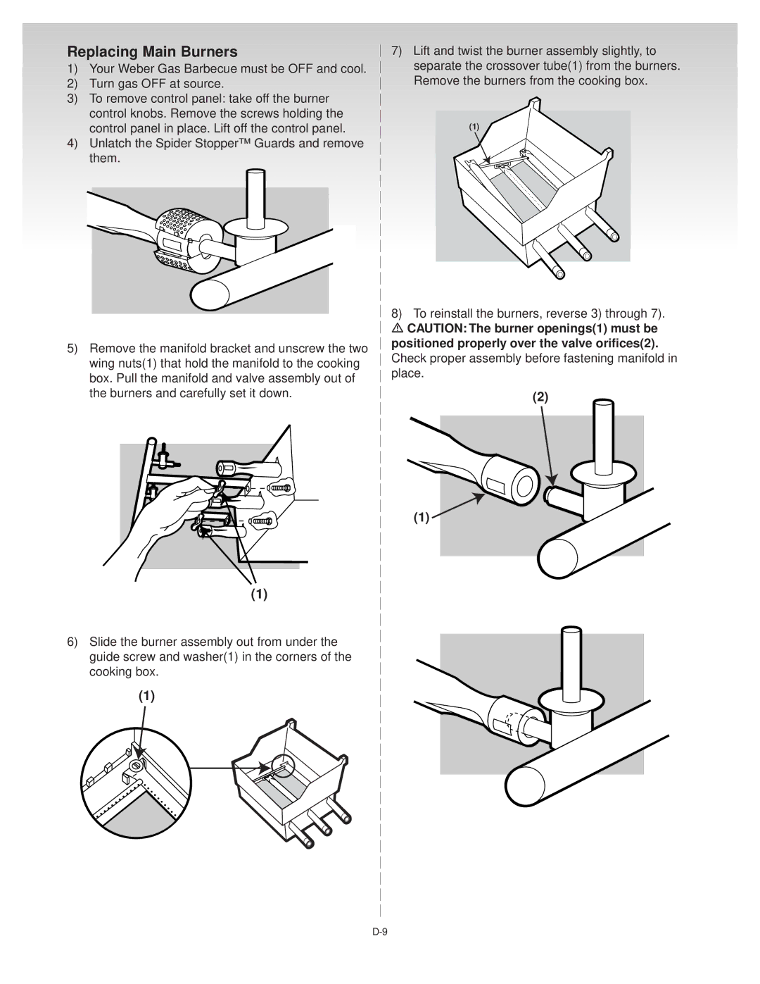 Weber D002.G, C016.C, B018.A, A127.C manual Replacing Main Burners, Positioned properly over the valve orifices2 