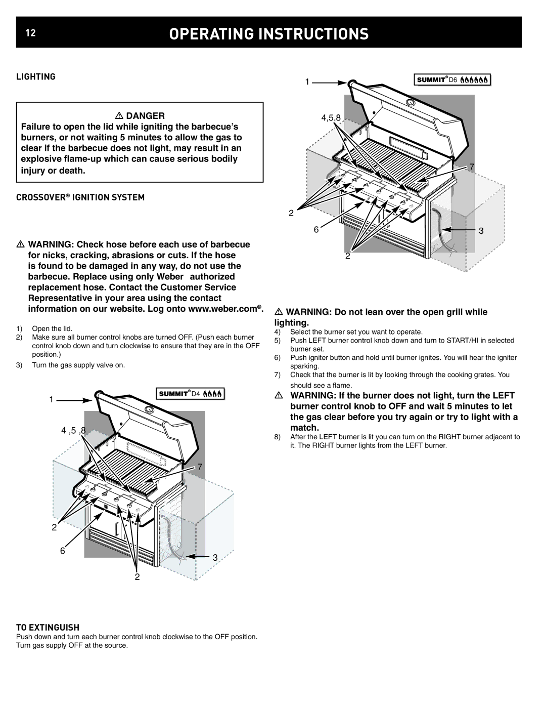 Weber D6, D4 manual Lighting, Crossover Ignition System, To Extinguish 