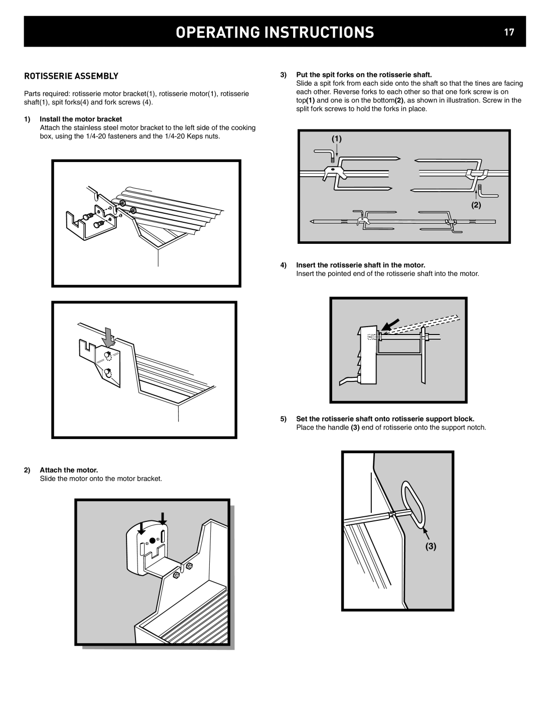 Weber D4, D6 Rotisserie Assembly, Install the motor bracket, Put the spit forks on the rotisserie shaft, Attach the motor 