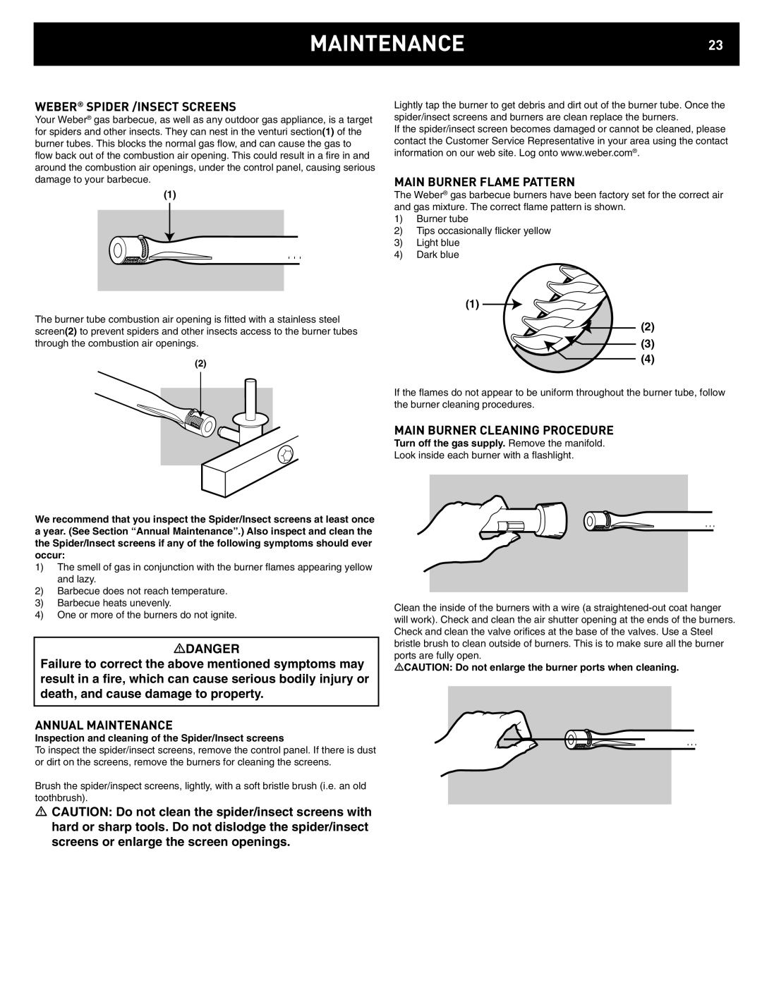 Weber D4, D6 manual MAINTENANCE23, Weber Spider /INSECT Screens, Main Burner Flame Pattern, Main Burner Cleaning Procedure 