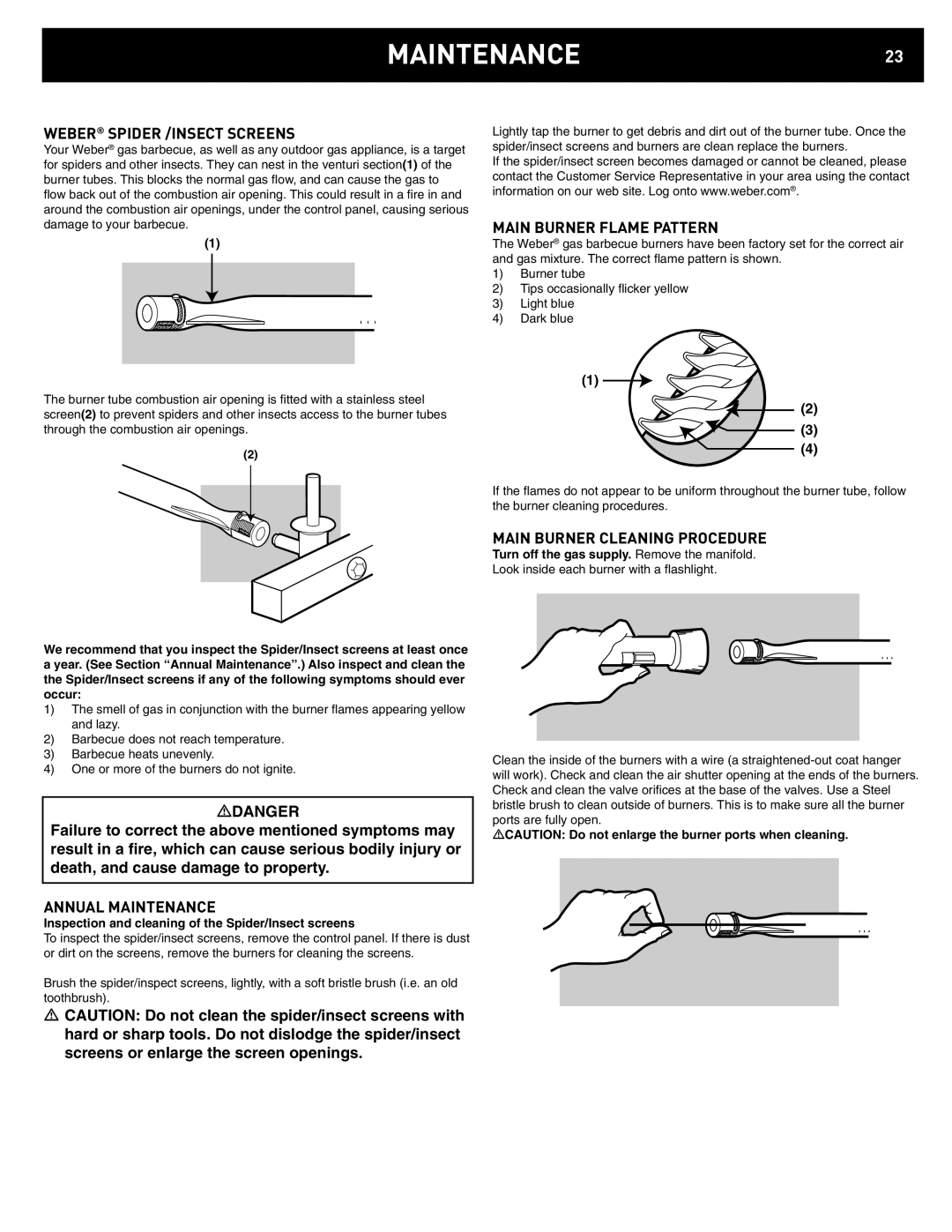 Weber D4, D6 manual MAINTENANCE23, Weber Spider /INSECT Screens, Main Burner Flame Pattern, Main Burner Cleaning Procedure 