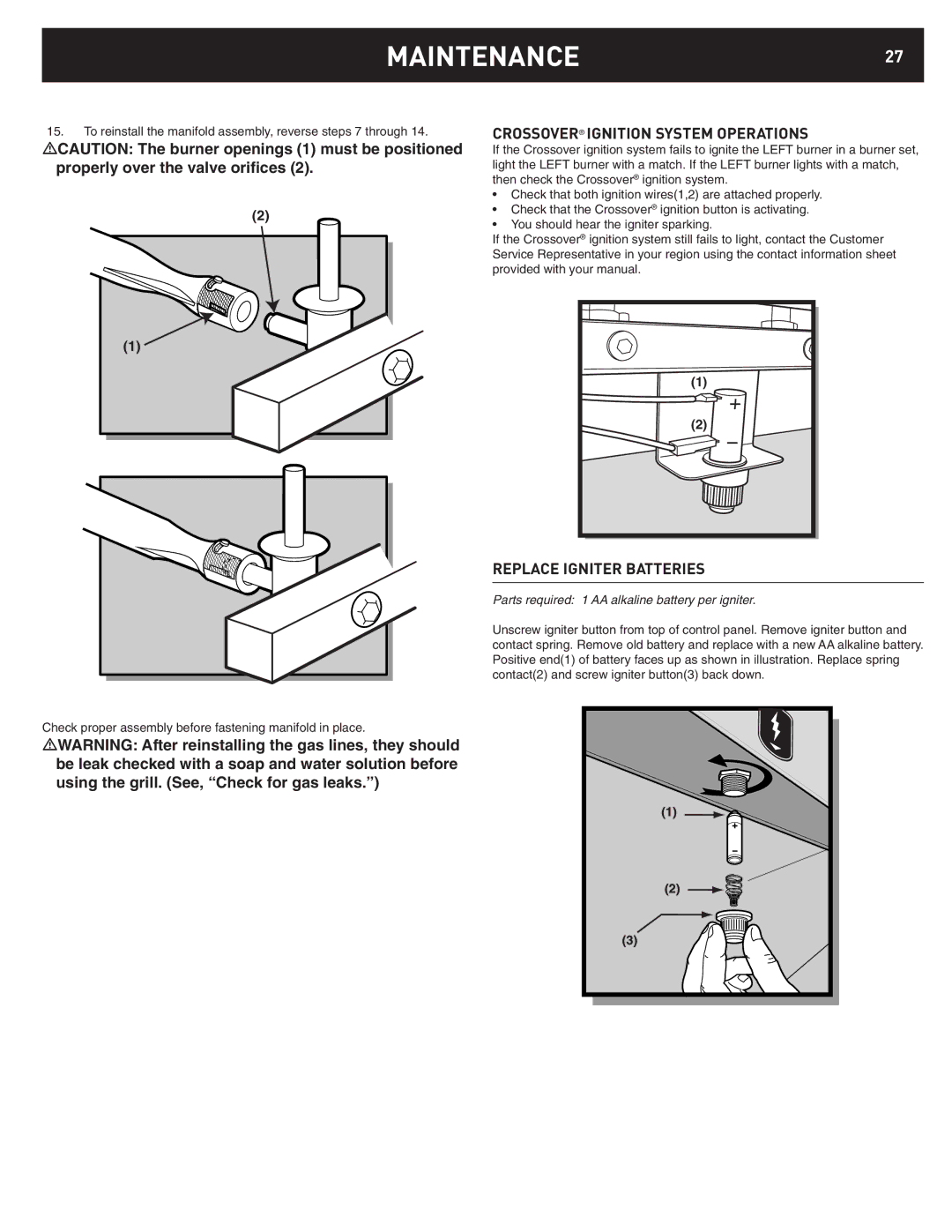 Weber D4, D6 manual MAINTENANCE27, Crossover Ignition System Operations, Replace Igniter Batteries 