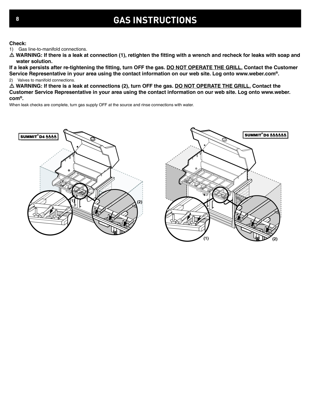 Weber D6, D4 manual Gas Instructions, Check, Gas line-to-manifold connections 