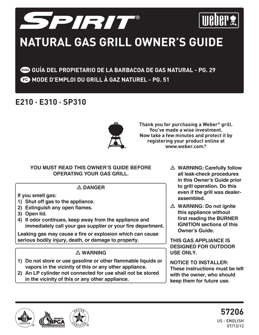 Weber SP310, E210, E310 manual Natural GAS Grill OWNER’S Guide 