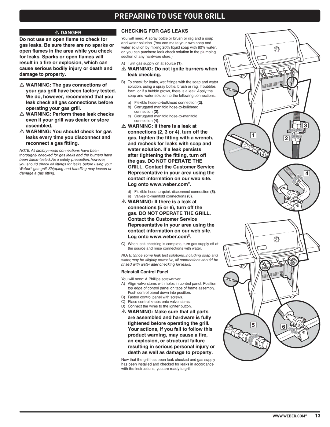 Weber SP310, E210, E310 manual Checking for GAS Leaks, Reinstall Control Panel 