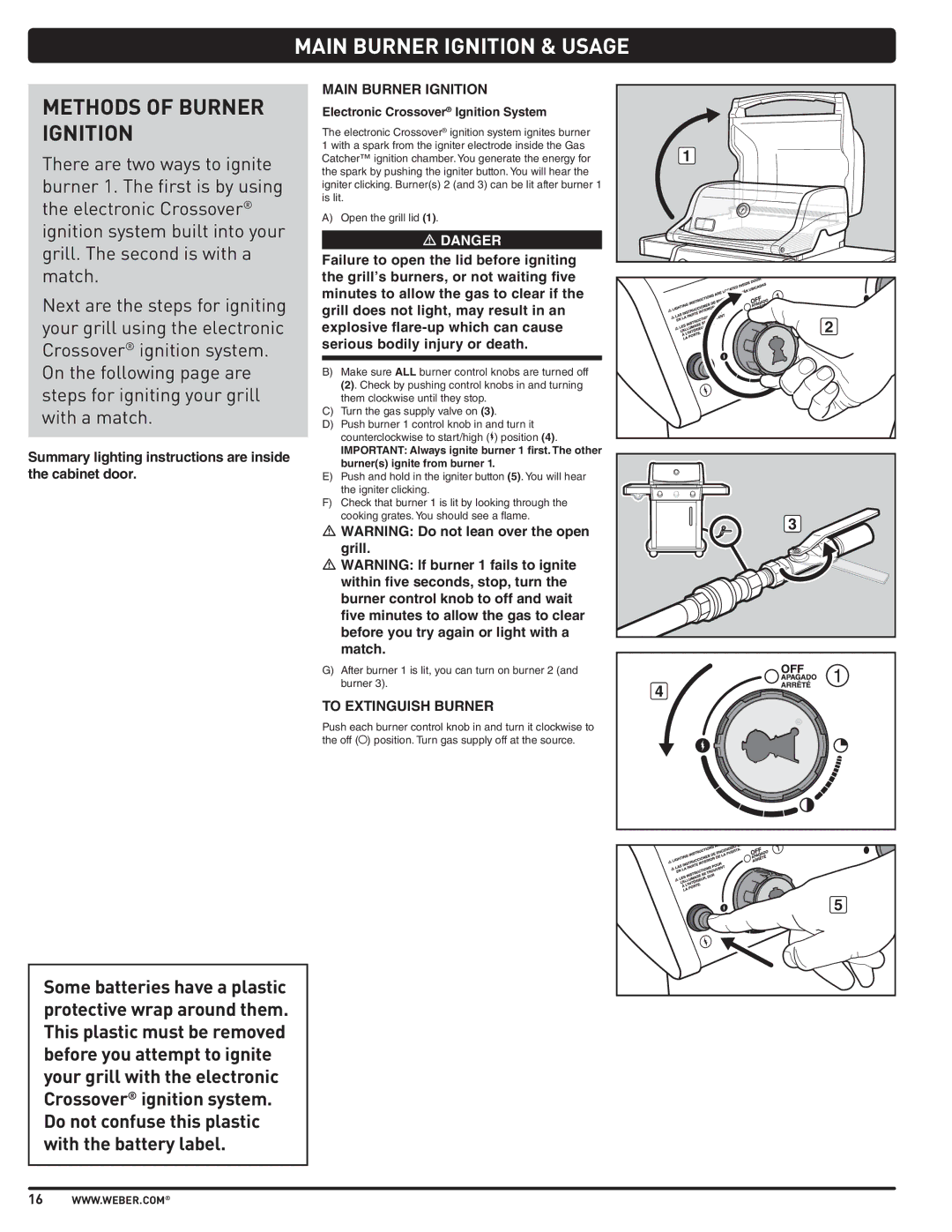 Weber SP310, E210, E310 manual Main Burner Ignition & Usage, Methods of Burner Ignition, To Extinguish Burner 