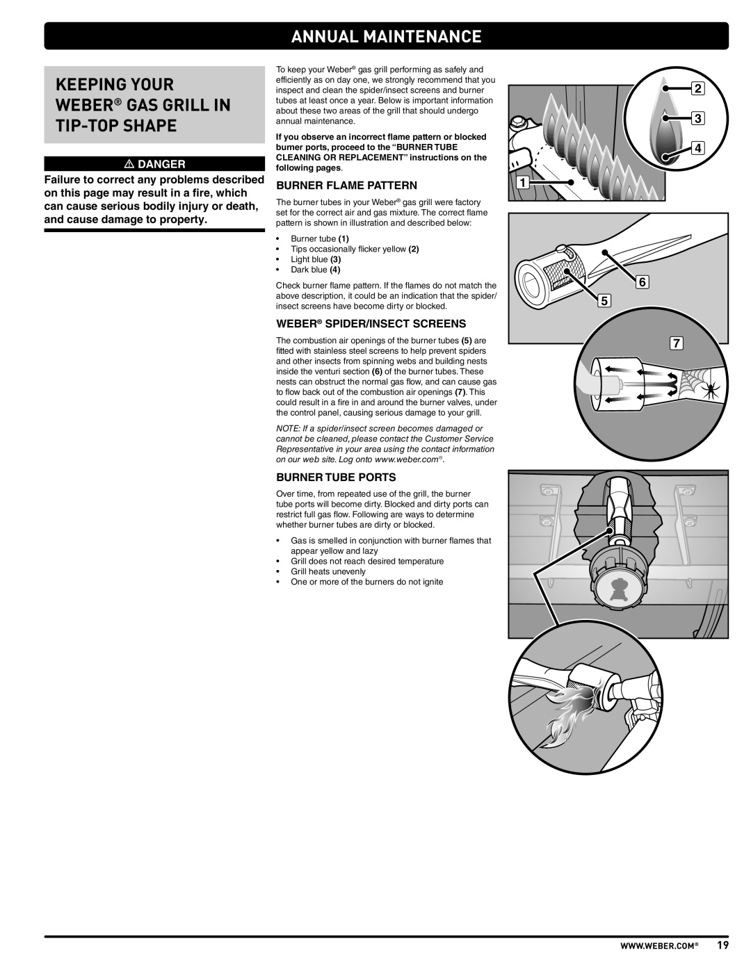 Weber SP310 Annual Maintenance, Keeping Your Weber GAS Grill in TIP-TOP Shape, Burner Flame Pattern, Burner Tube Ports 