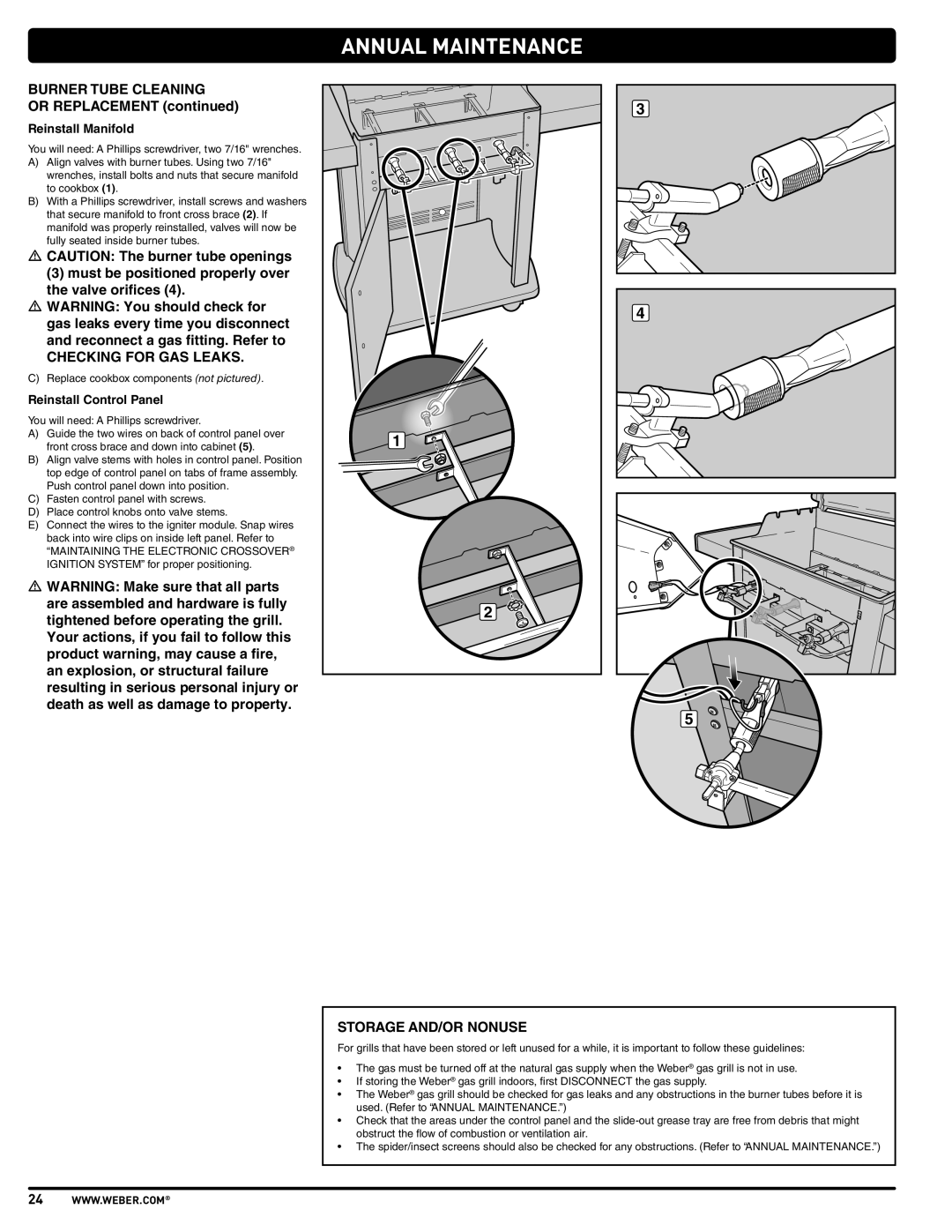 Weber E210, SP310, E310 manual Checking for GAS Leaks, Reinstall Manifold 