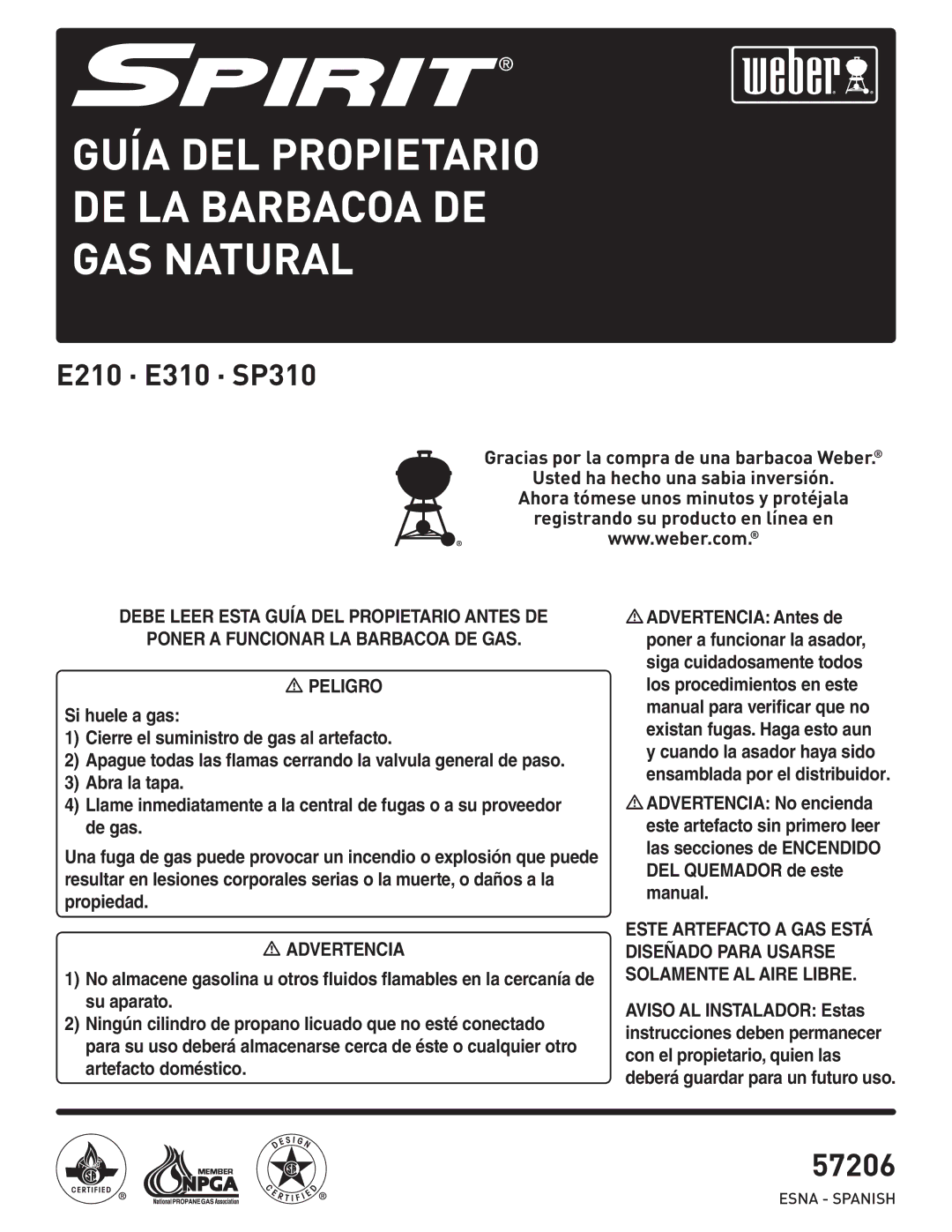 Weber E310, E210, SP310 manual Guía DEL Propietario DE LA Barbacoa DE GAS Natural 