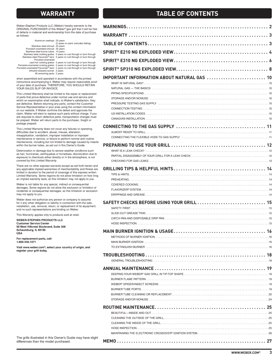 Weber E210, SP310, E310 manual Warranty, Table of Contents 