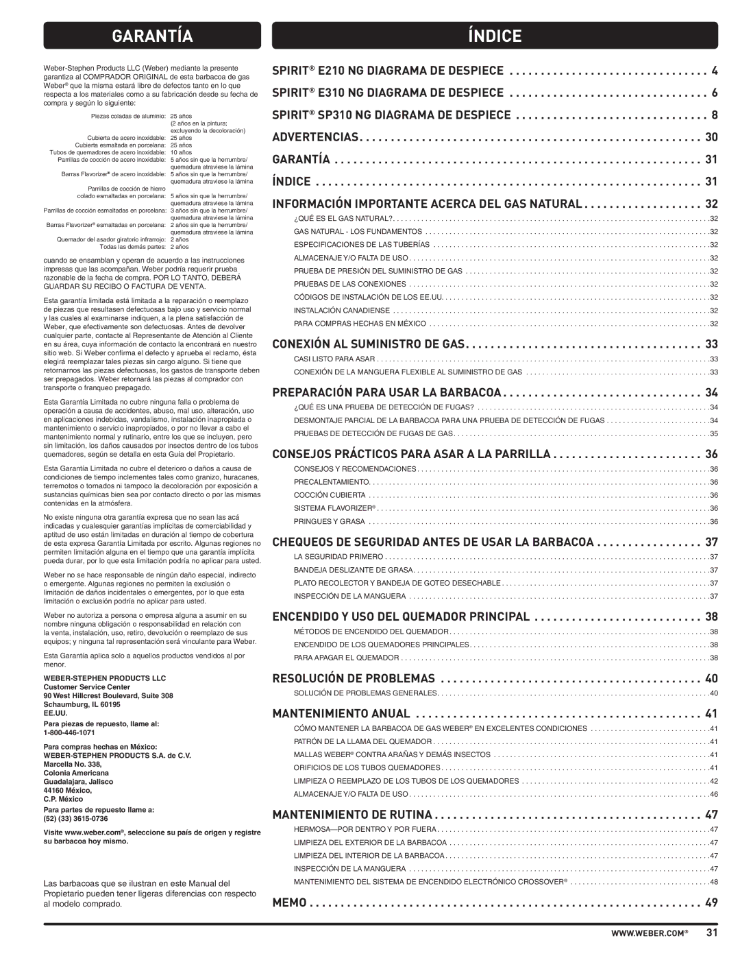 Weber SP310, E210, E310 manual Garantía, Índice 