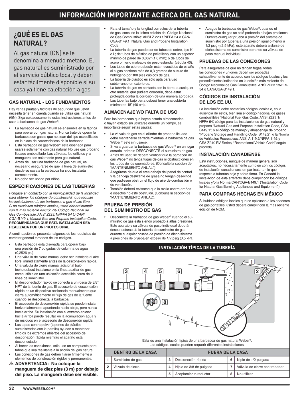 Weber E310, E210, SP310 manual Información Importante Acerca DEL GAS Natural 