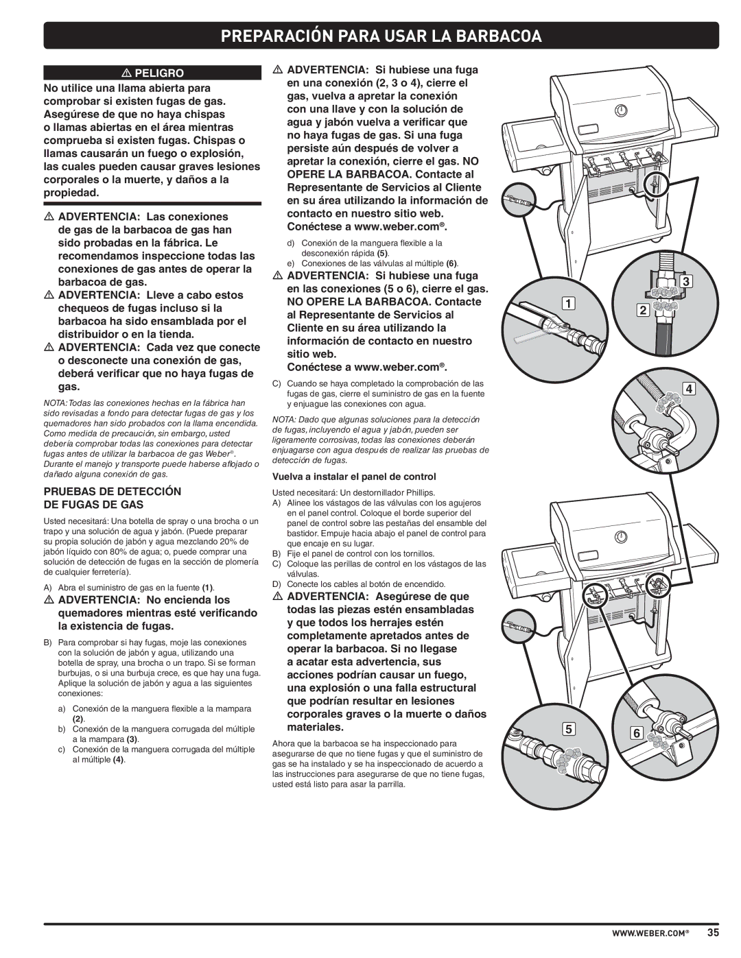 Weber E310, E210, SP310 manual Pruebas DE Detección DE Fugas DE GAS, Vuelva a instalar el panel de control 