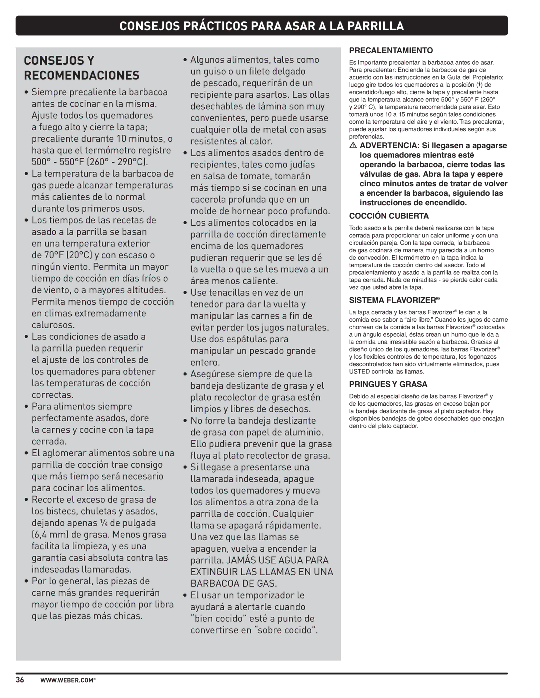 Weber E210, SP310, E310 Consejos Prácticos Para Asar a LA Parrilla, Precalentamiento, Cocción Cubierta, Sistema Flavorizer 