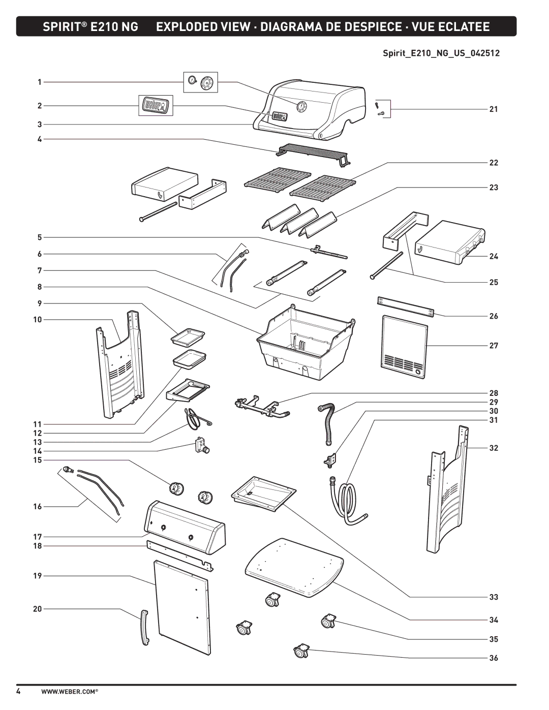 Weber SP310, E210, E310 manual Exploded View · Diagrama DE Despiece · VUE Eclatee 