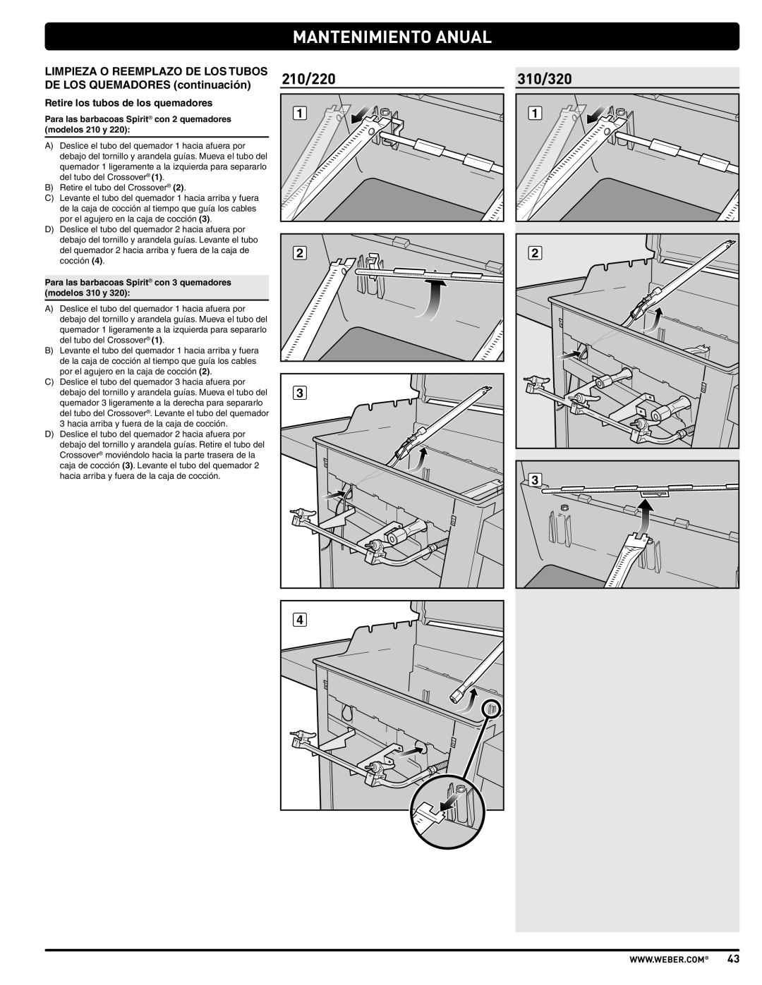 Weber SP310, E210, E310 manual Retire los tubos de los quemadores, Para las barbacoas Spirit con 2 quemadores modelos 210 y 