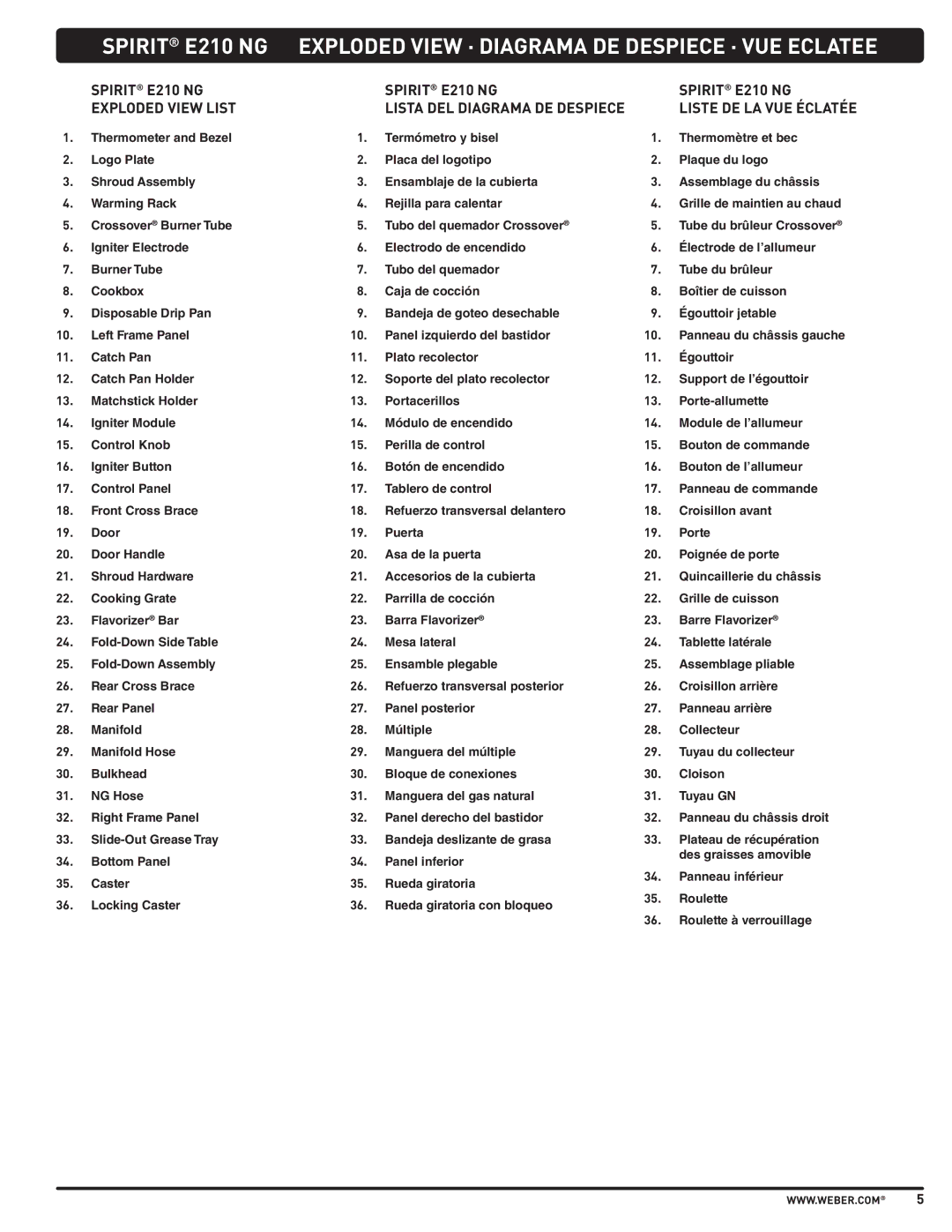 Weber E310, SP310 manual Spirit E210 NG, Lista DEL Diagrama DE Despiece Liste DE LA VUE Éclatée 