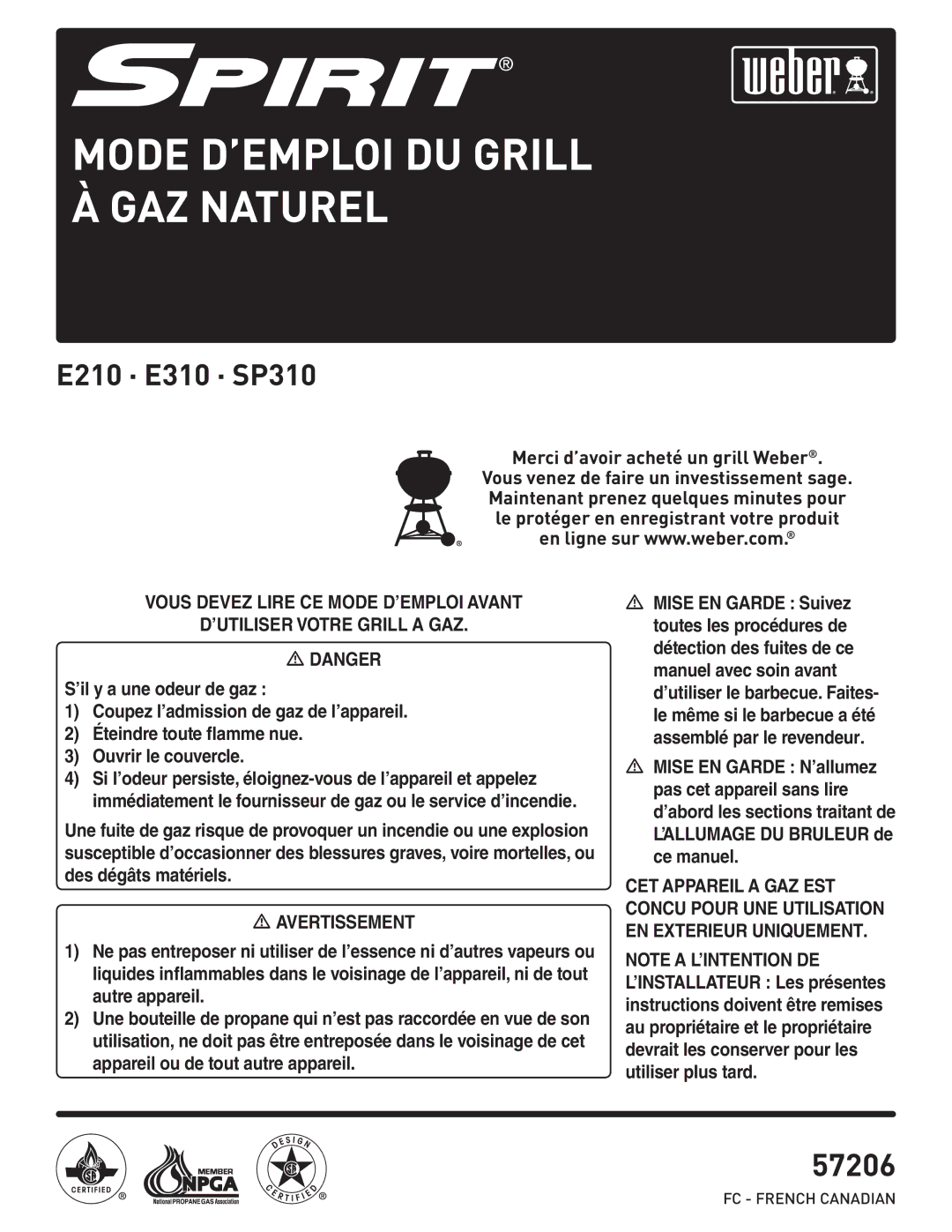 Weber E210, SP310, E310 manual Mode D’EMPLOI DU Grill À GAZ Naturel 