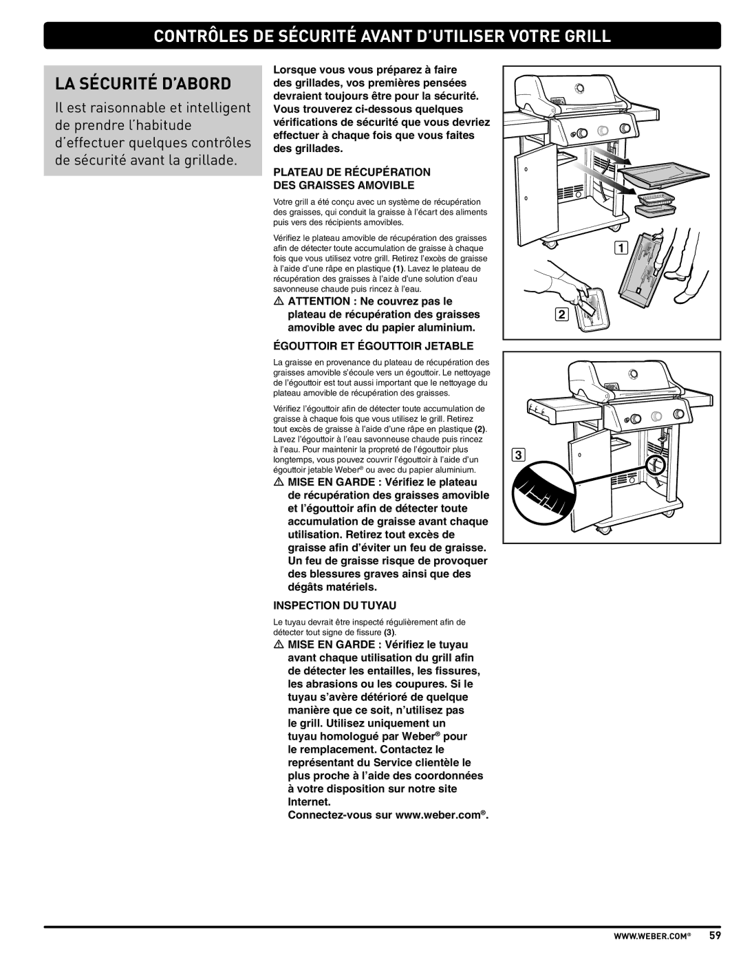 Weber E310, E210 Contrôles DE Sécurité Avant D’UTILISER Votre Grill, LA Sécurité D’ABORD, Égouttoir ET Égouttoir Jetable 