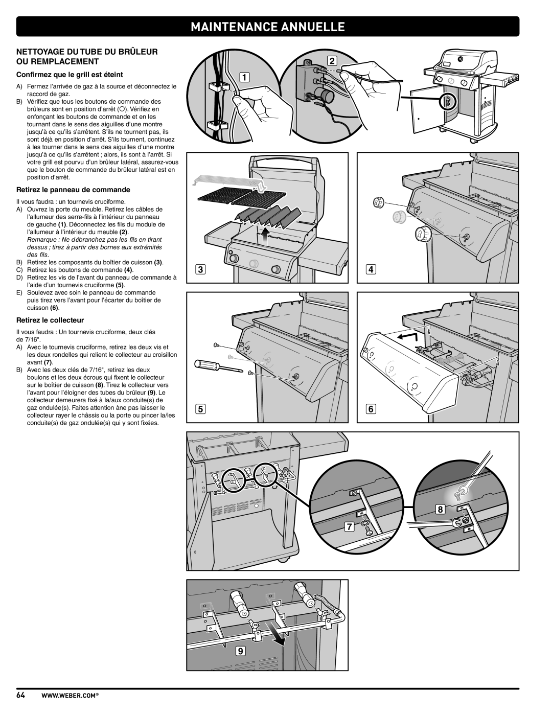 Weber SP310, E210, E310 manual Maintenance Annuelle, Nettoyage DU Tube DU Brûleur OU Remplacement, Retirez le collecteur 