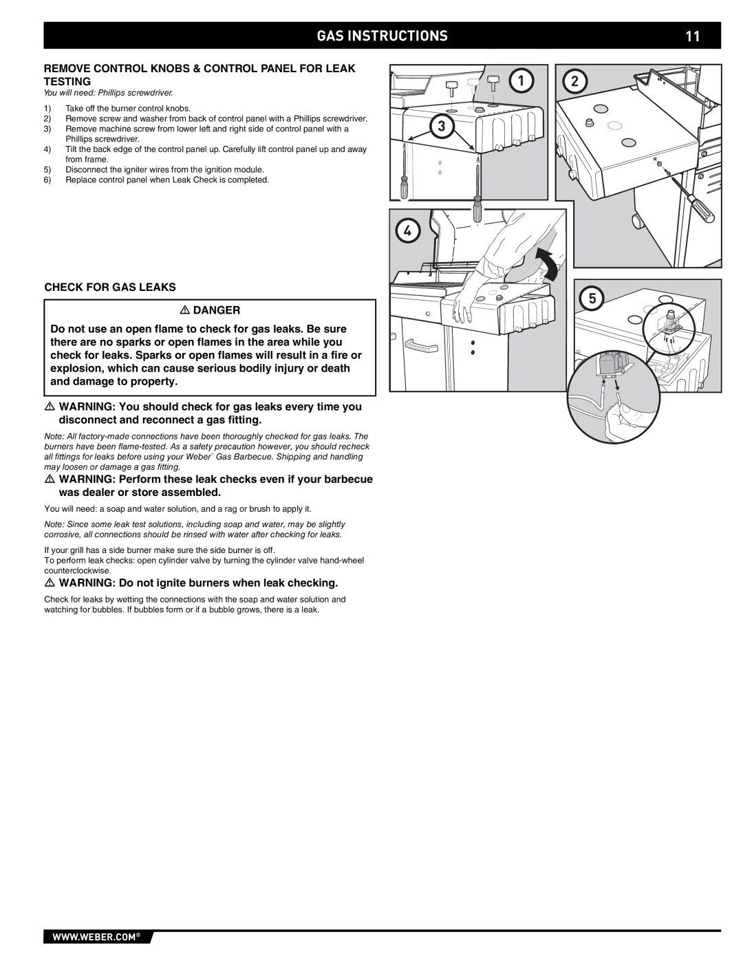 Weber E/EP - 210/310 manual Remove Control Knobs & Control Panel for Leak Testing, Check for GAS Leaks 