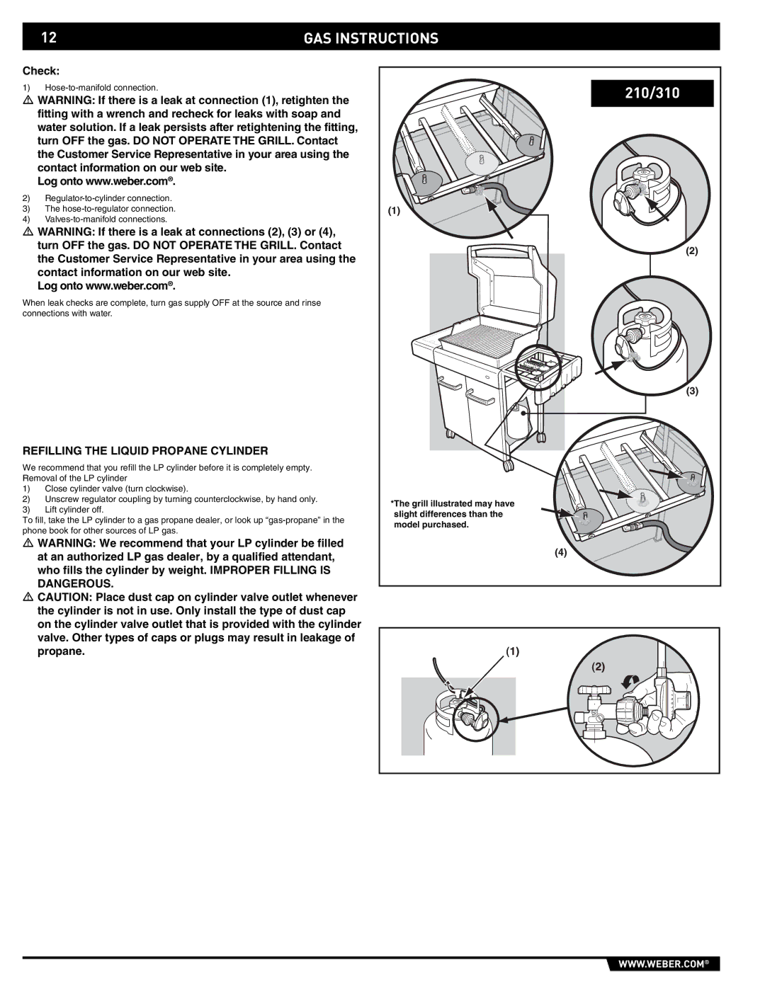 Weber E/EP - 210/310 manual Check, Refilling the Liquid Propane Cylinder 