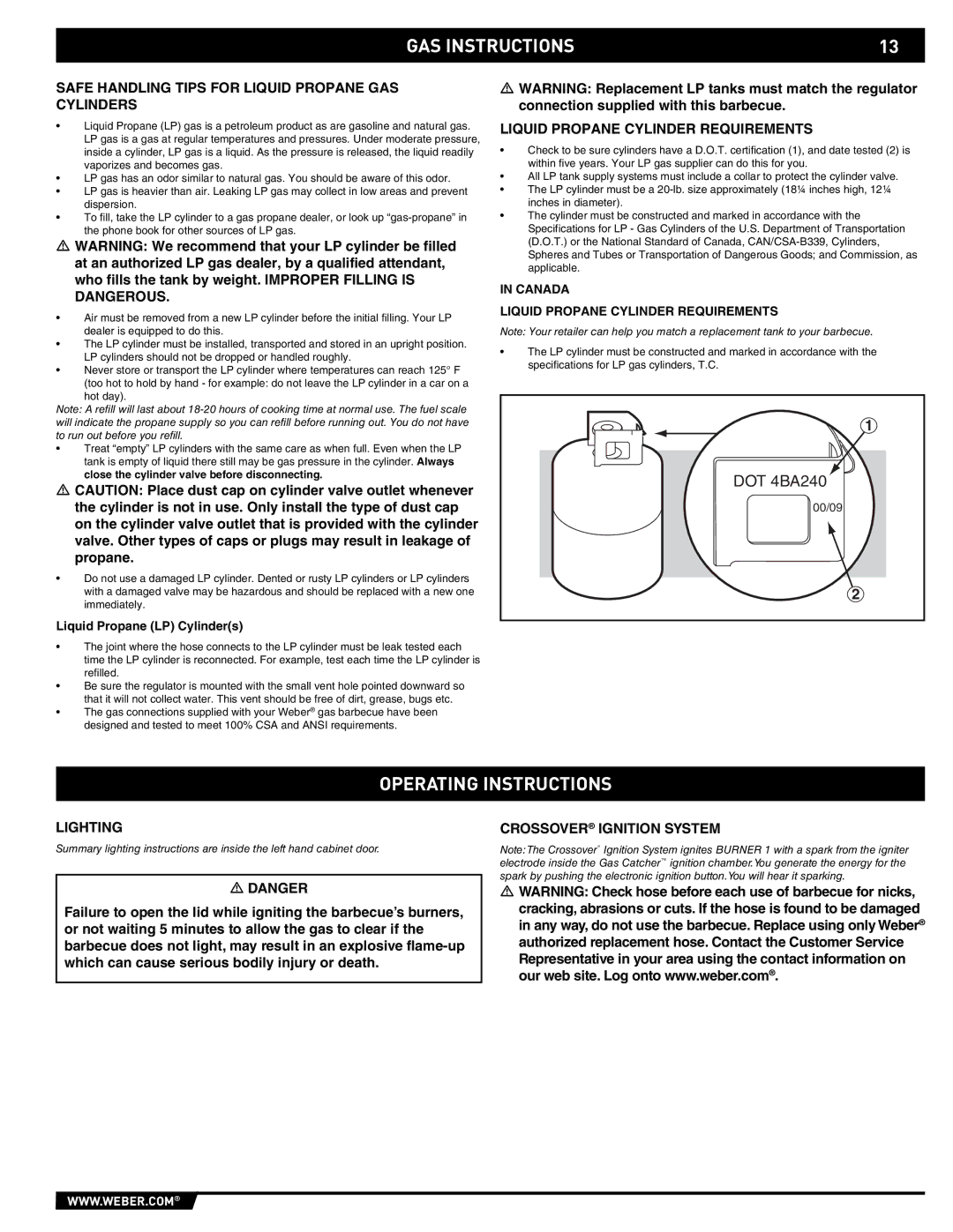 Weber E/EP - 210/310 manual Operating Instructions, Safe Handling Tips for Liquid Propane GAS Cylinders, Lighting 