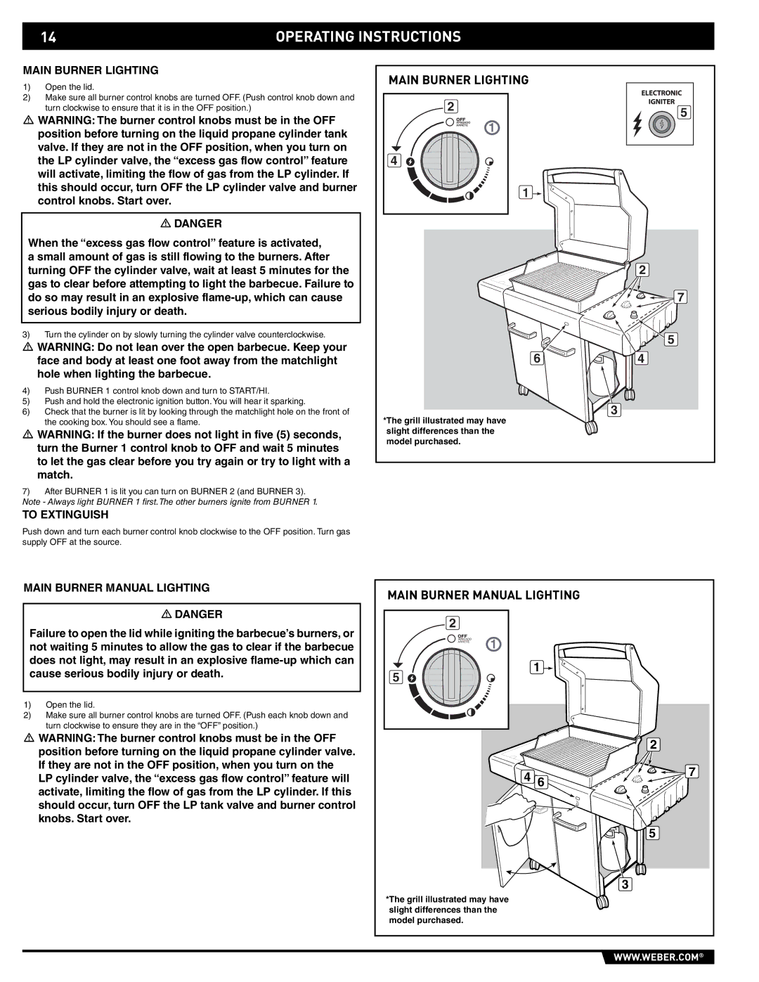 Weber E/EP - 210/310 manual Main Burner Lighting, To Extinguish, Main Burner Manual Lighting 