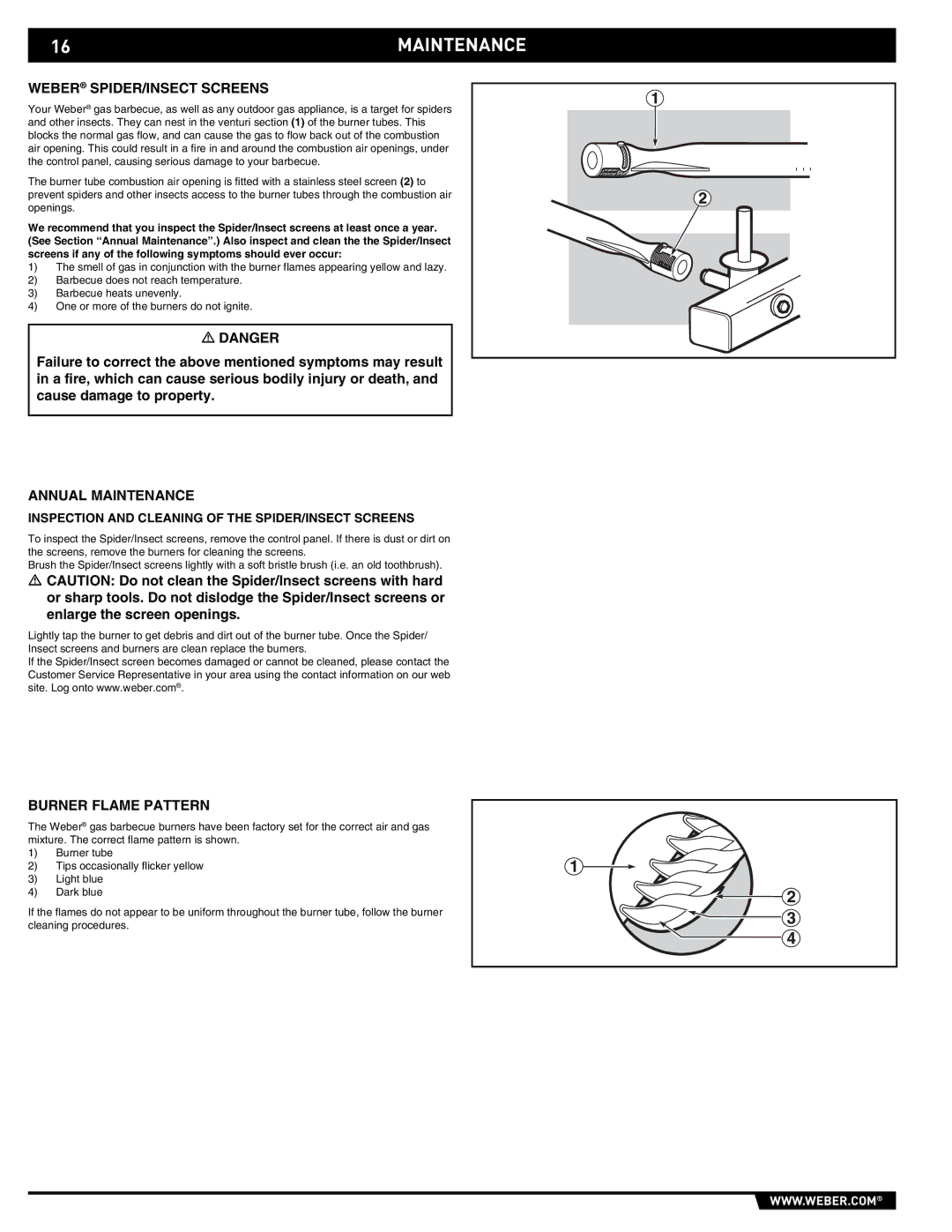 Weber E/EP - 210/310 manual Weber SPIDER/INSECT Screens, Annual Maintenance, Burner Flame Pattern 